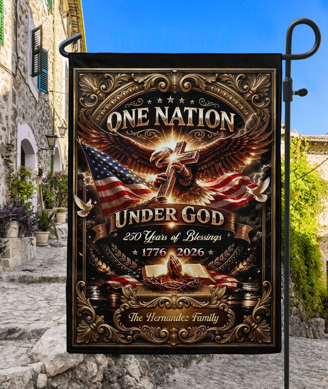 One Nation Under God 250th Anniversary Garden Flag – Custom Family Name with Eagle, Cross & Bible 1776-2026