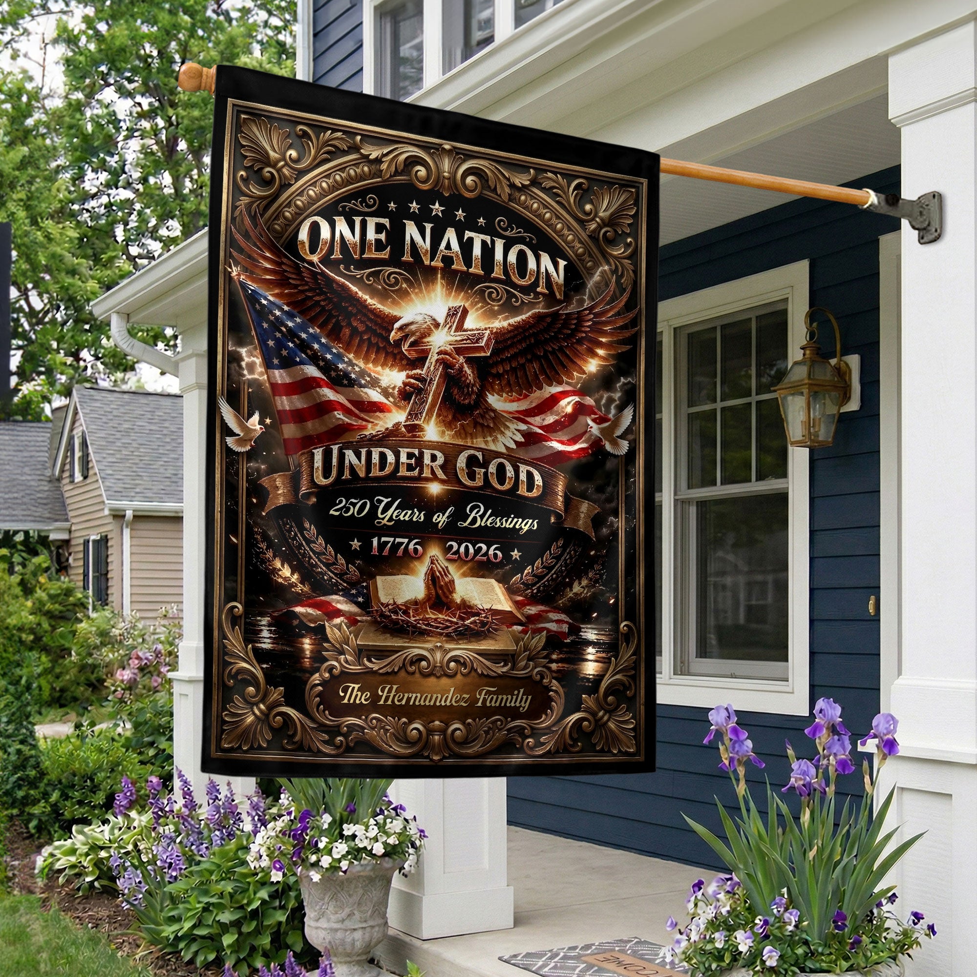 One Nation Under God 250th Anniversary Garden Flag – Custom Family Name with Eagle, Cross & Bible 1776-2026