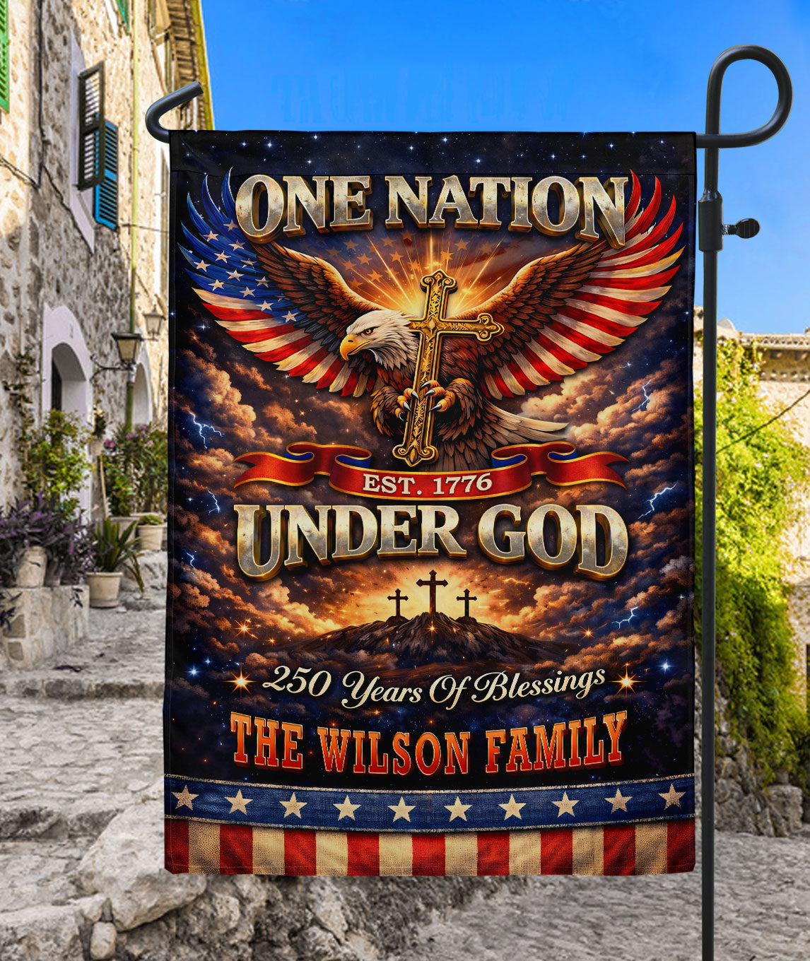 Personalized Patriotic Faith Garden Flag – 250-Year American Celebration with Eagle, Cross & Blessings Theme (1776–2026)