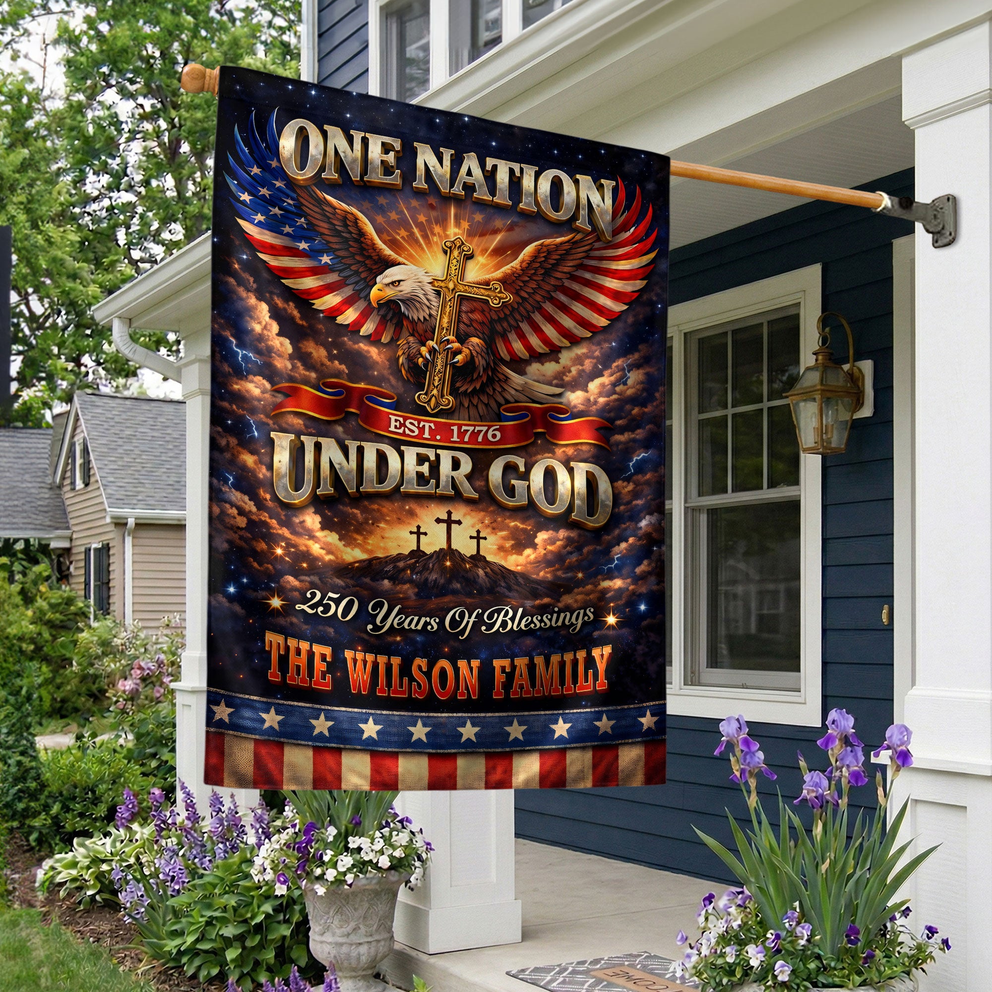Personalized Patriotic Faith Garden Flag – 250-Year American Celebration with Eagle, Cross & Blessings Theme (1776–2026)
