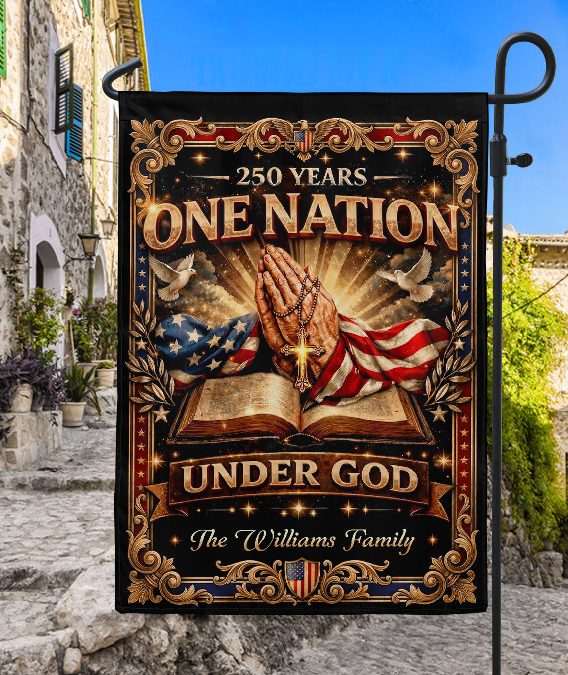 One Nation Under God 250th Anniversary Garden Flag – Custom Family Name with Praying Hands, Bible & Cross 1776-2026