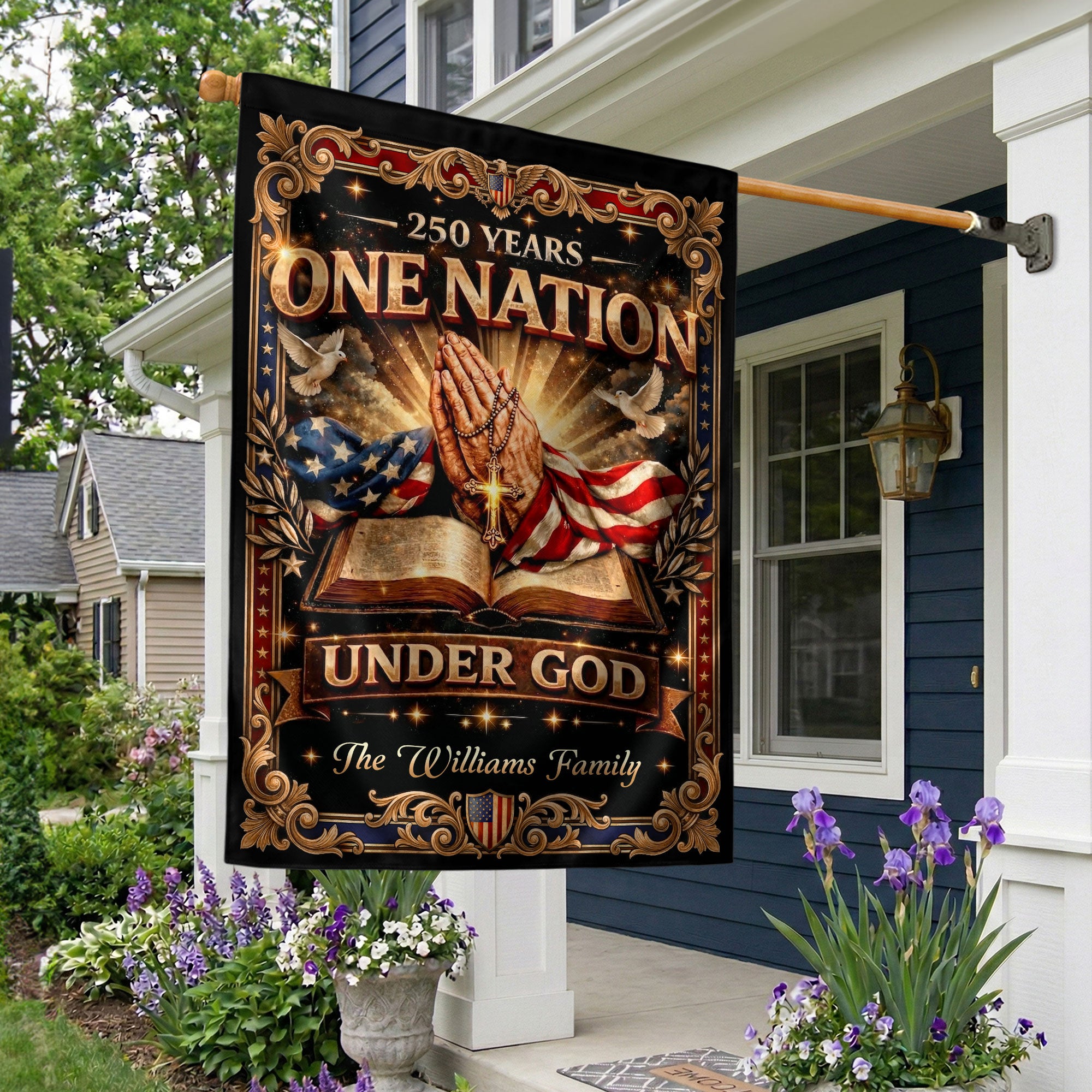 One Nation Under God 250th Anniversary Garden Flag – Custom Family Name with Praying Hands, Bible & Cross 1776-2026