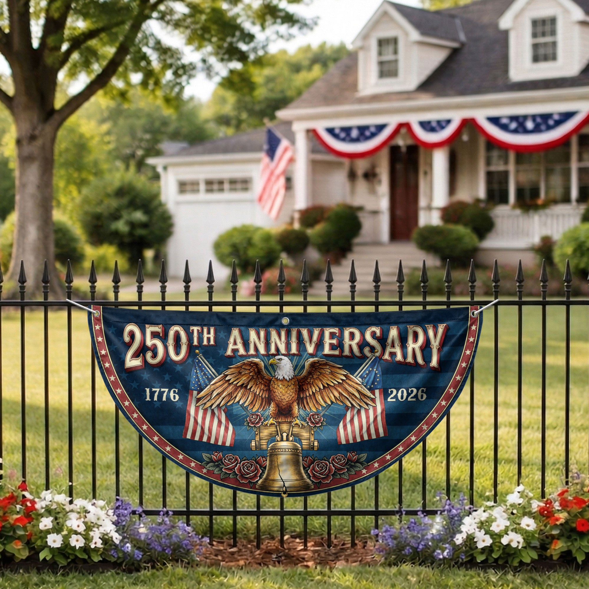 250th Anniversary USA Fence Flag - Patriotic Eagle & Liberty Bell Decoration for 2026