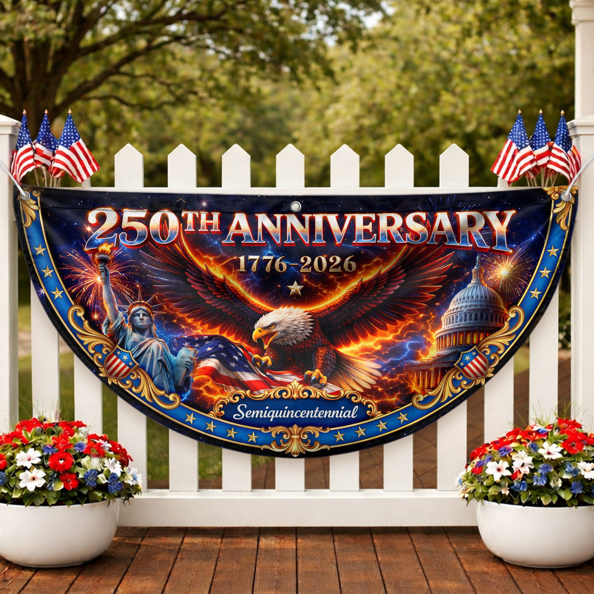 250 Years of Freedom Fence Flag 1776-2026 Patriotic Eagle Statue of Liberty Banner