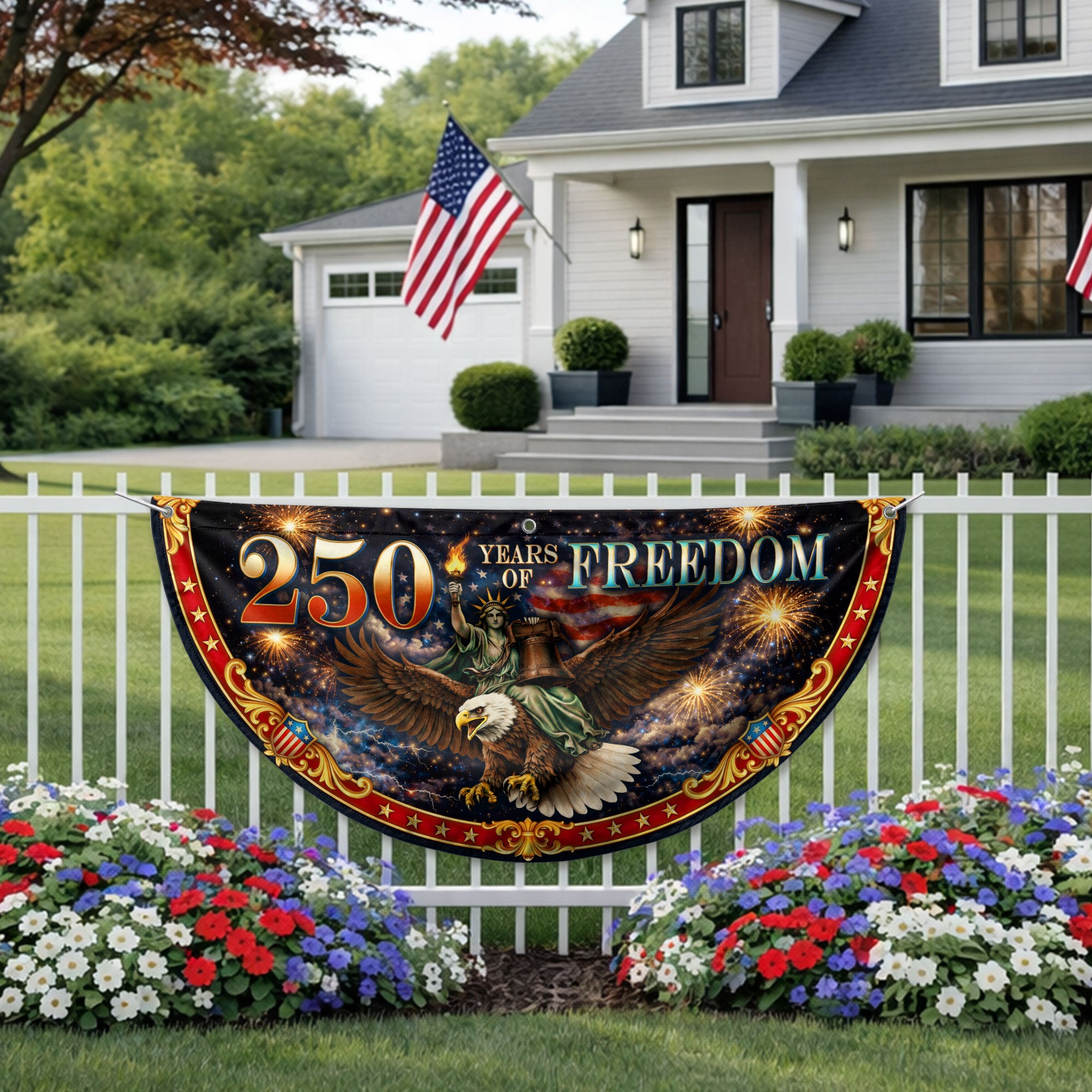 Fence Flag 250 Years of Freedom 1776-2026 Patriotic Eagle Liberty Bell Fireworks Banner
