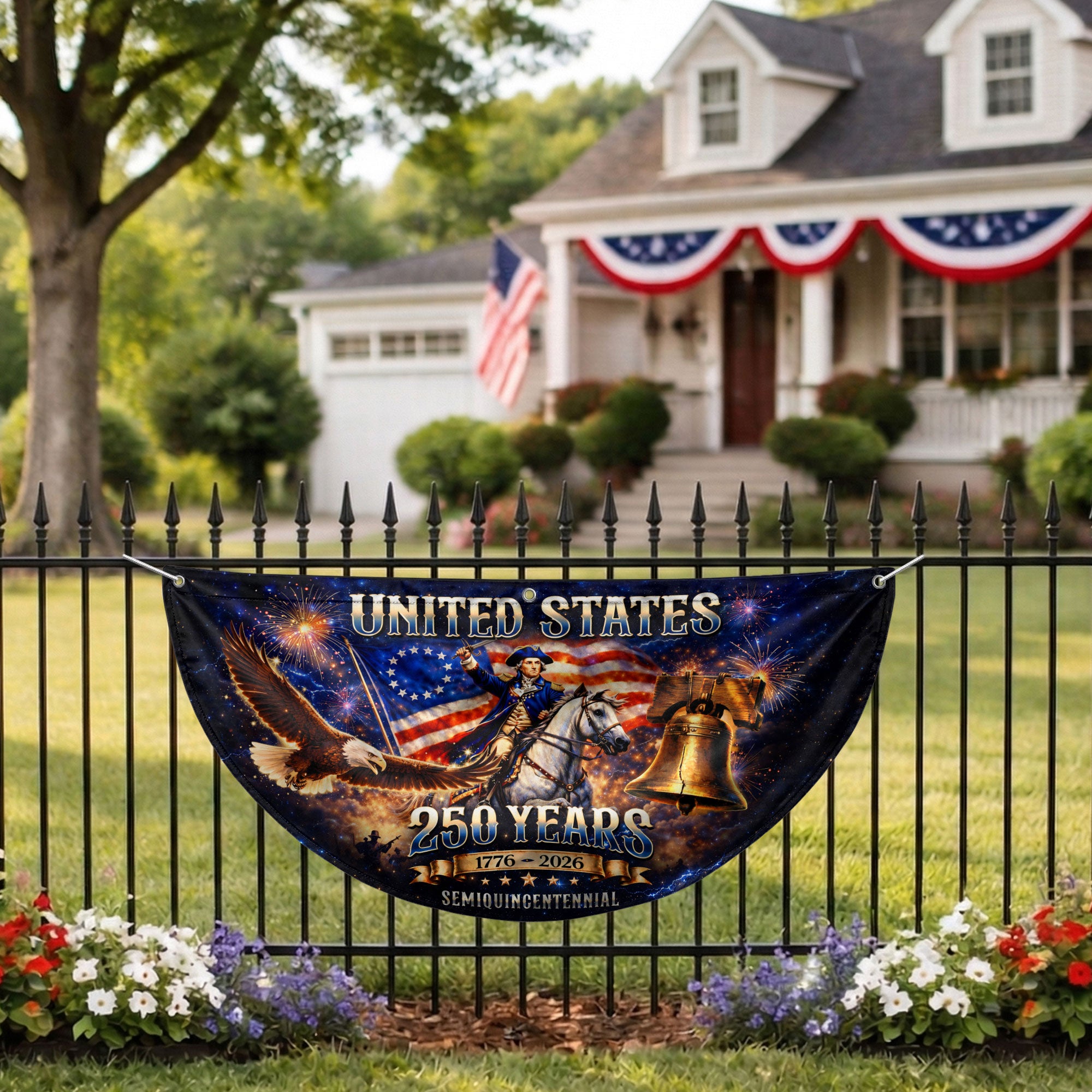 USA 250 Years Fence Flag 1776-2026 George Washington Eagle Patriotic