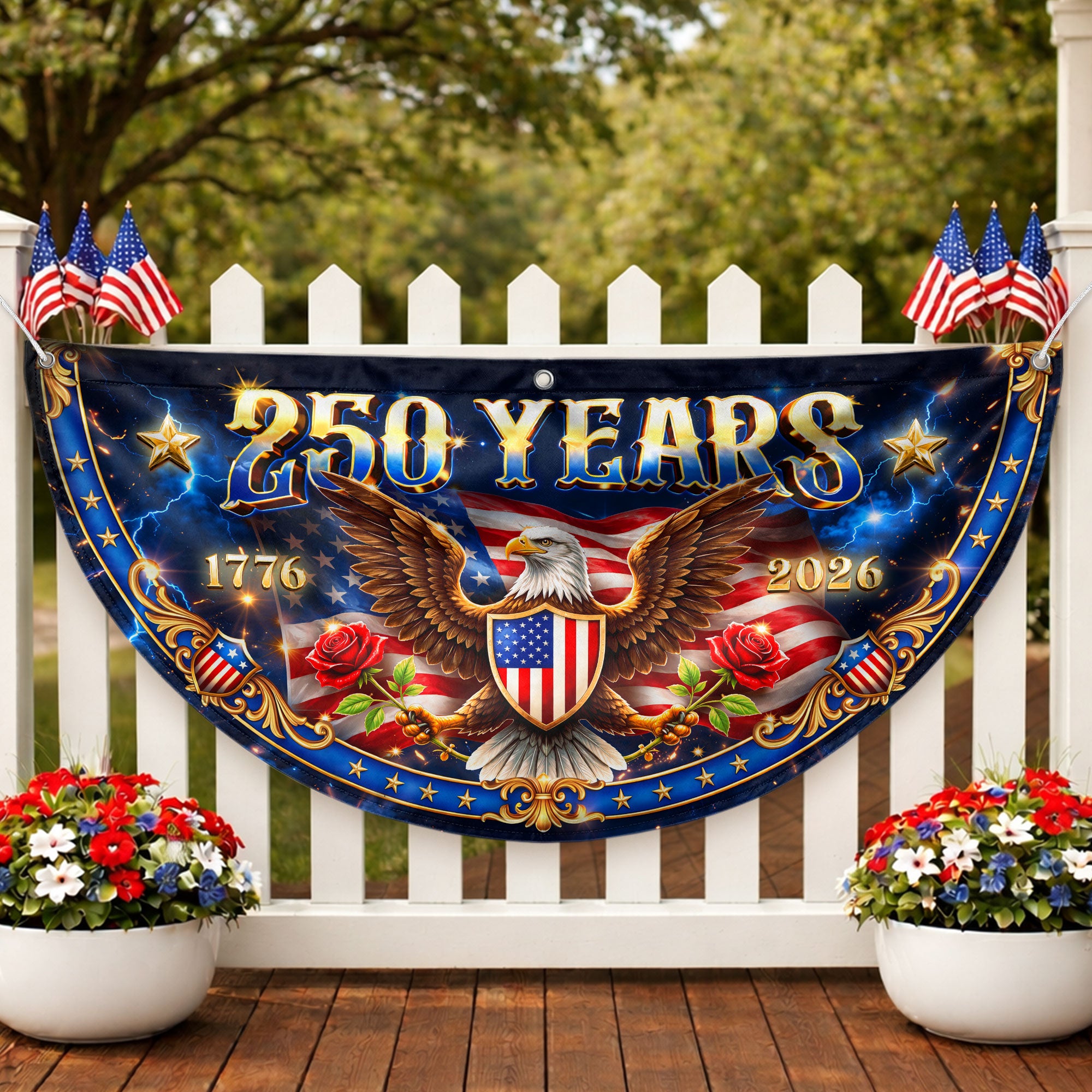 250 Years USA Fence Flag 1776-2026 Patriotic Eagle Shield Banner