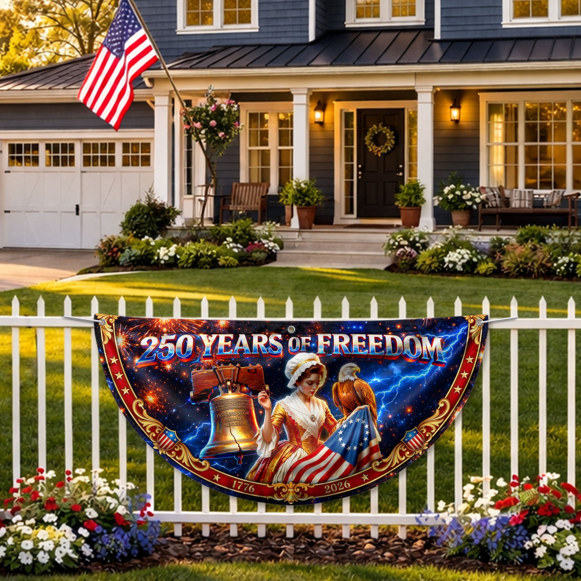 250 Years United States Fence Flag 1776-2026 Patriotic Lady Liberty