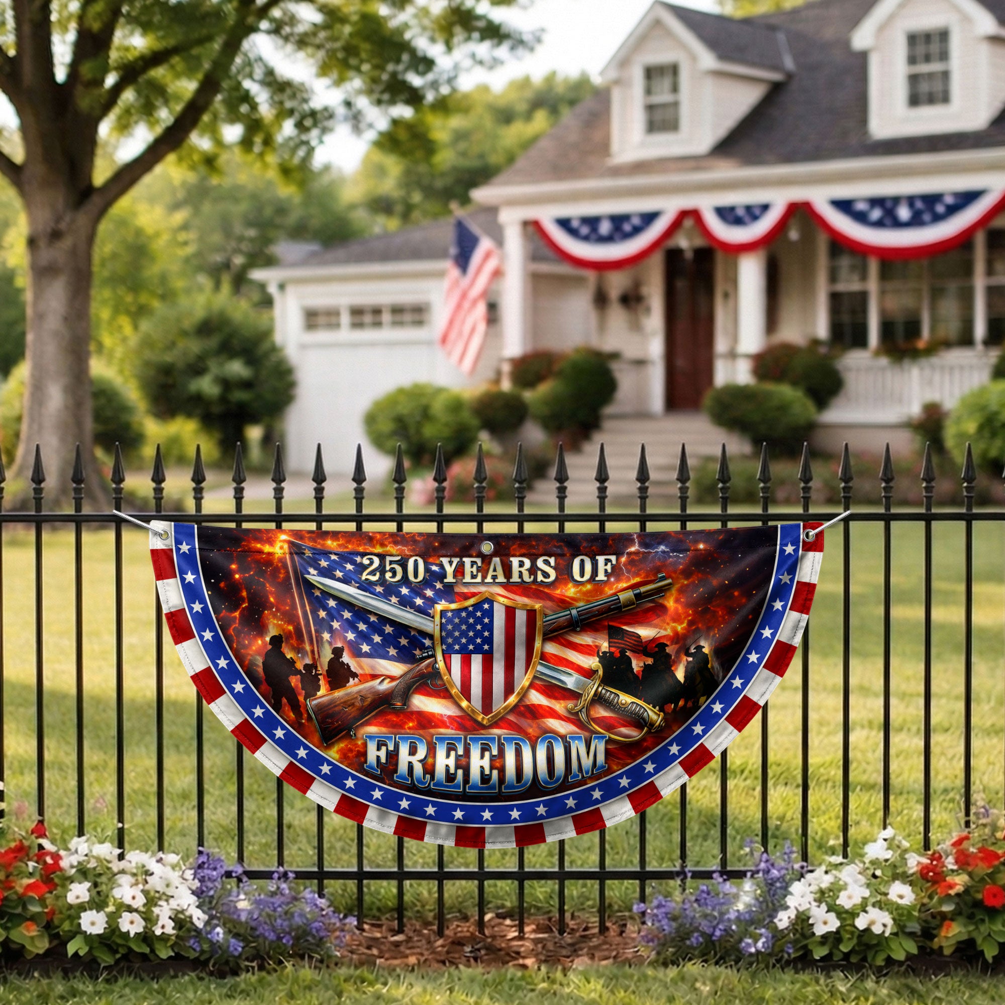 250 Years of Freedom Fence Flag 1776-2026 Patriotic Military Shield Banner