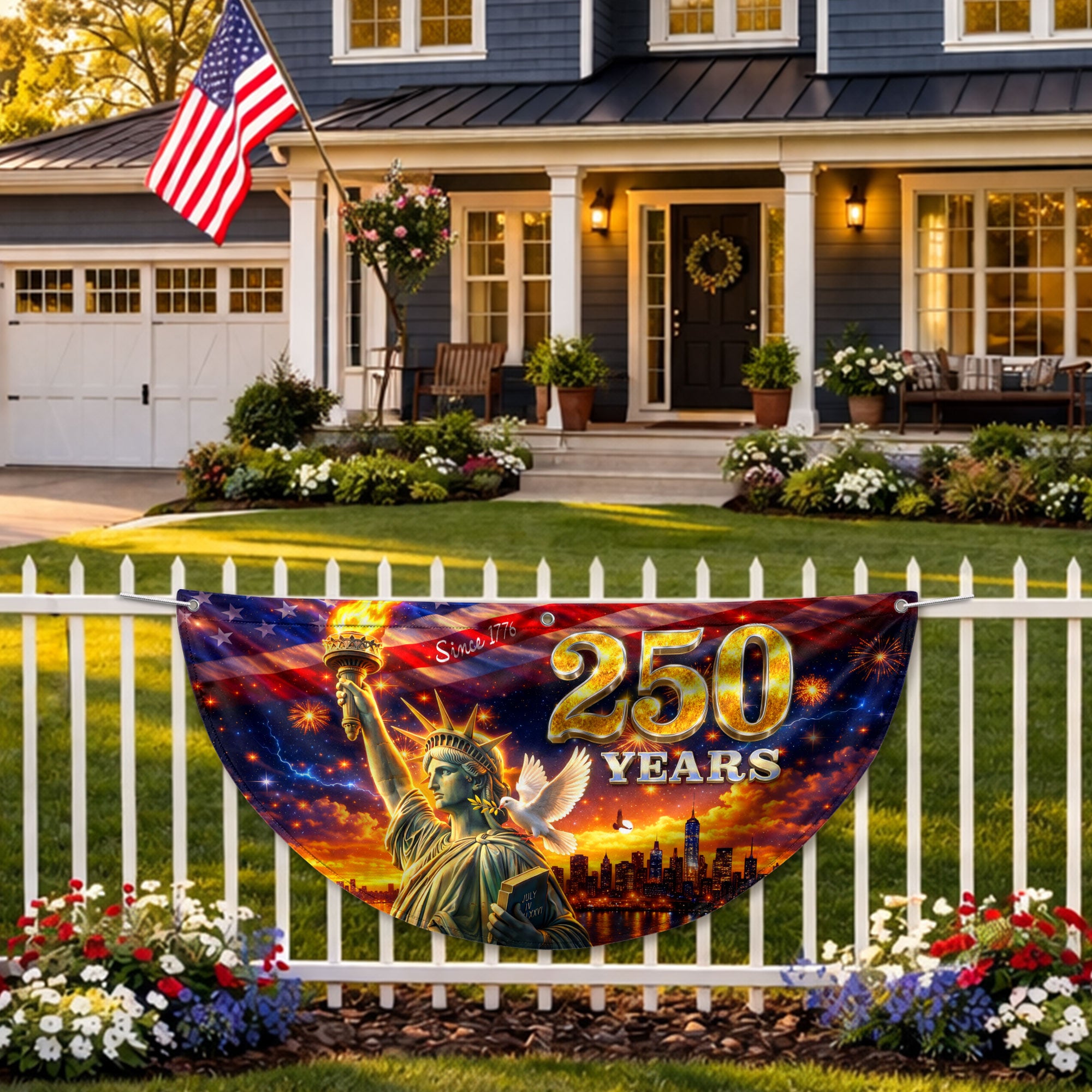 Statue of Liberty 250 Years United States Fence Flag 1776-2026 Patriotic Outdoor Banner