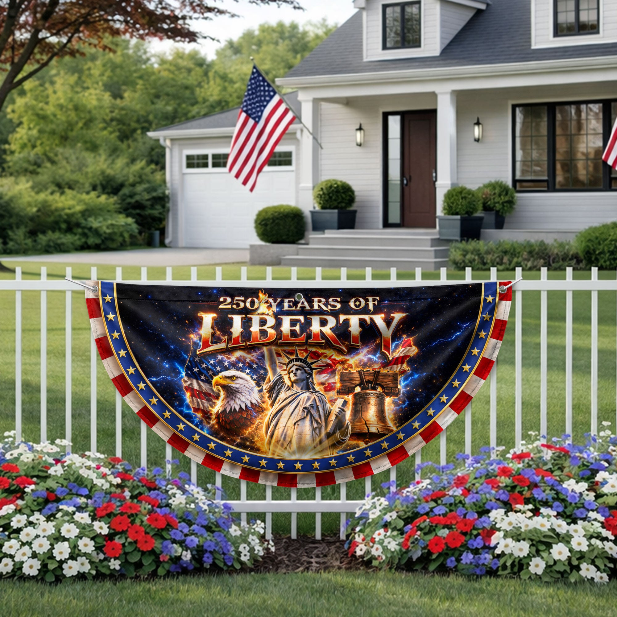 250 Years of Liberty Fence Flag Statue of Liberty Eagle Liberty Bell Banner