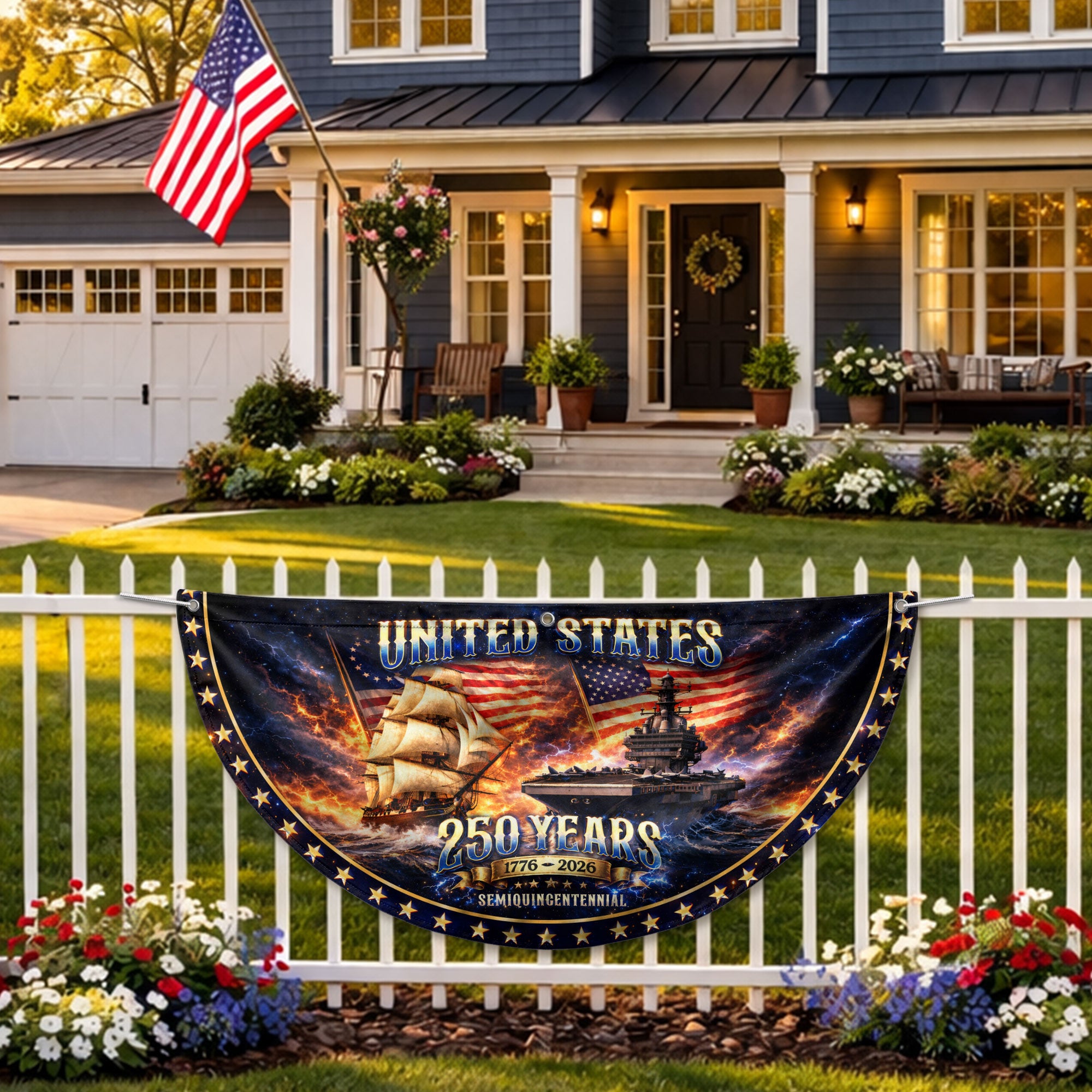 250 Years United States Fence Flag 1776-2026 Patriotic Navy Ship Outdoor Yard Banner