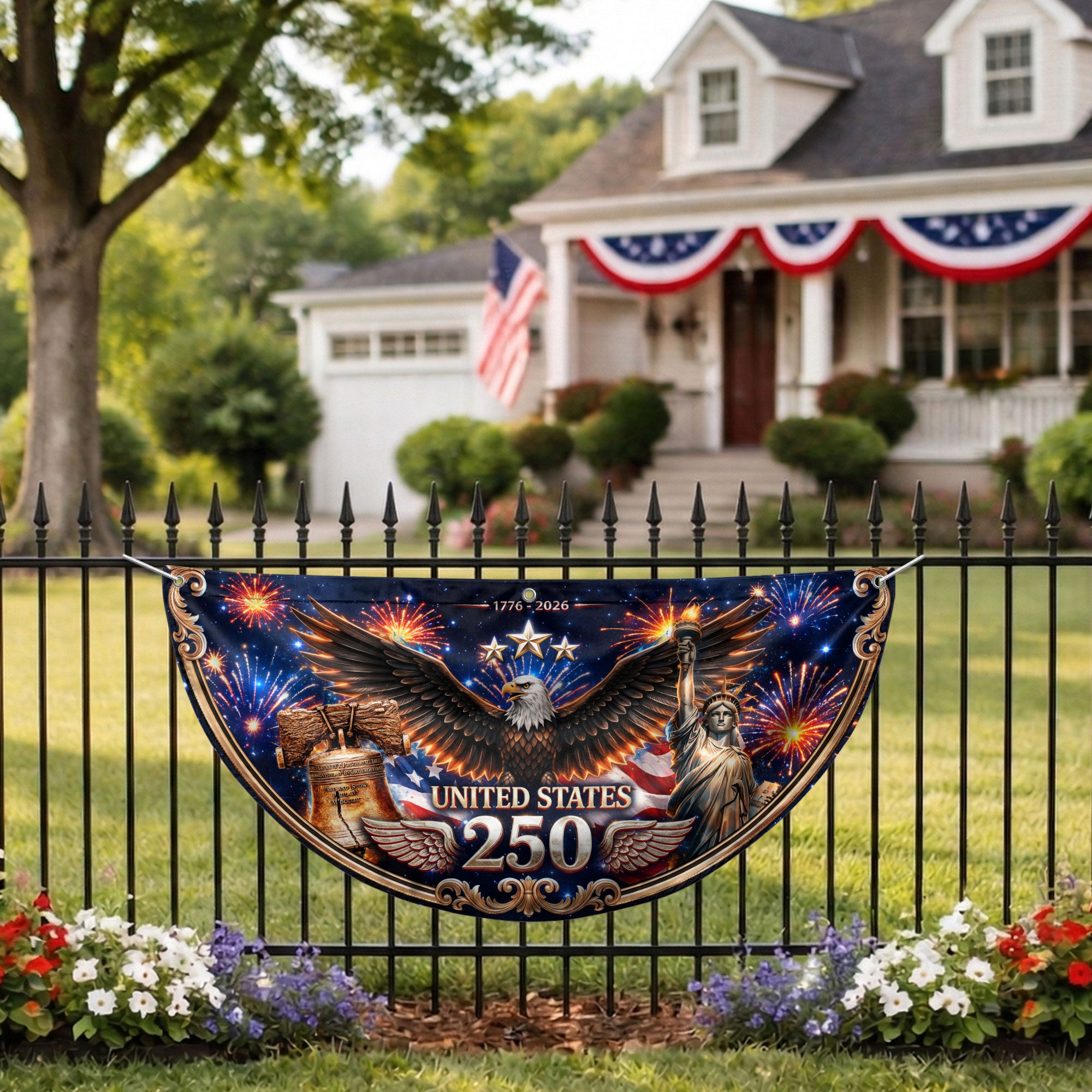 USA 250 Years Fence Flag 1776-2026 Liberty Bell Patriotic Eagle Yard Decoration