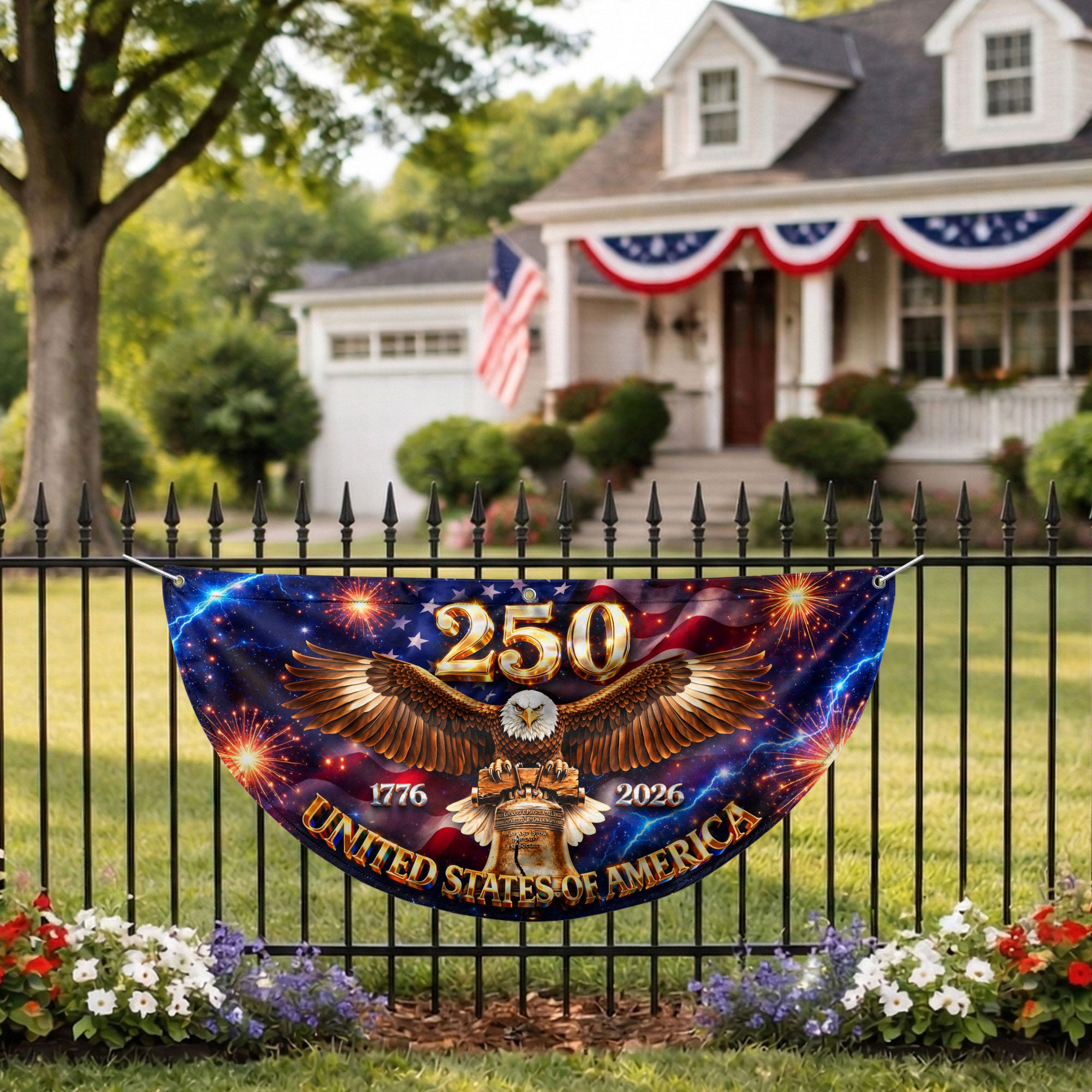 250 Years United States Fence Flag 1776-2026 Patriotic Liberty Eagle Bell