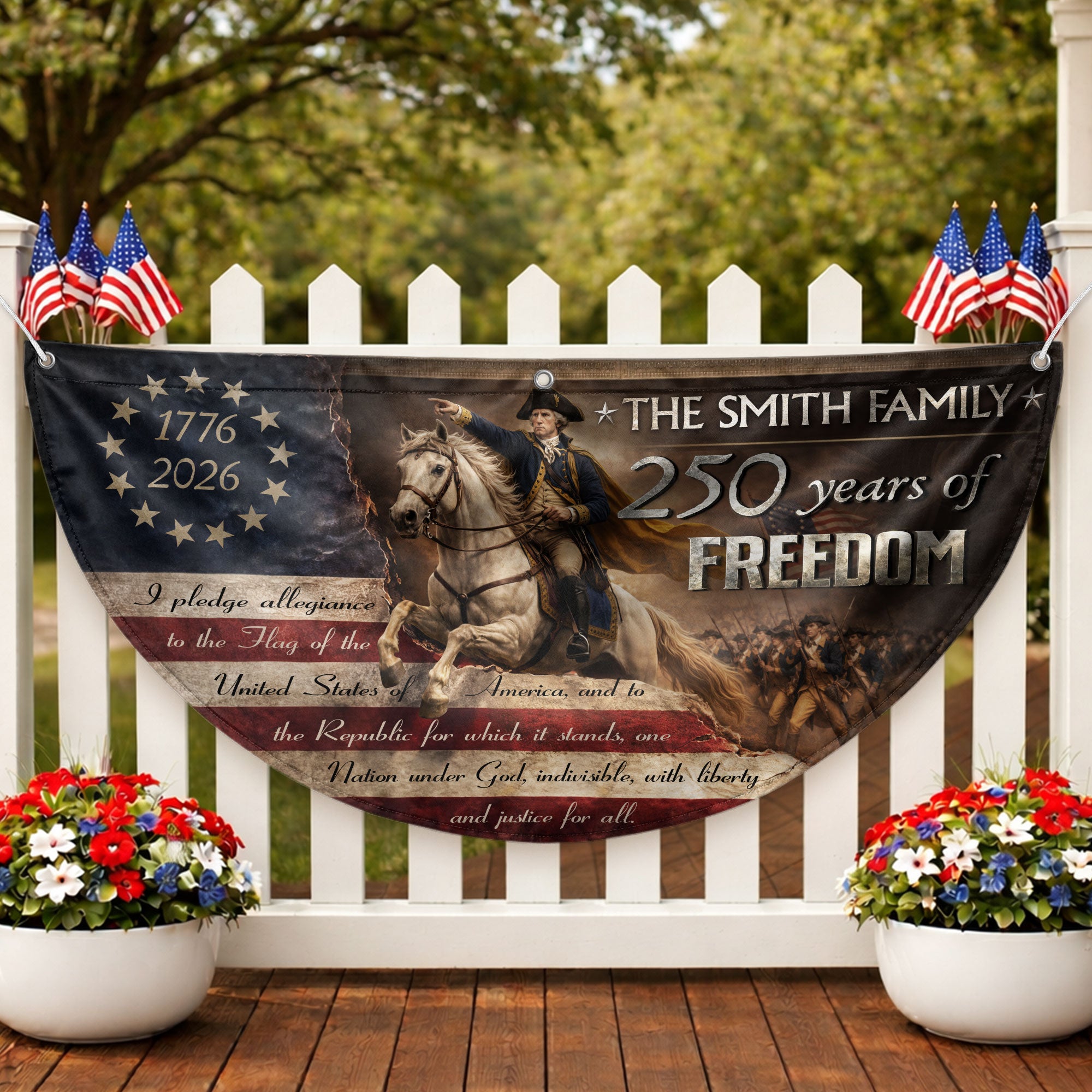 George Washington Fence Flag Custom Family Name 250 Years Freedom 1776-2026 Yard Decor