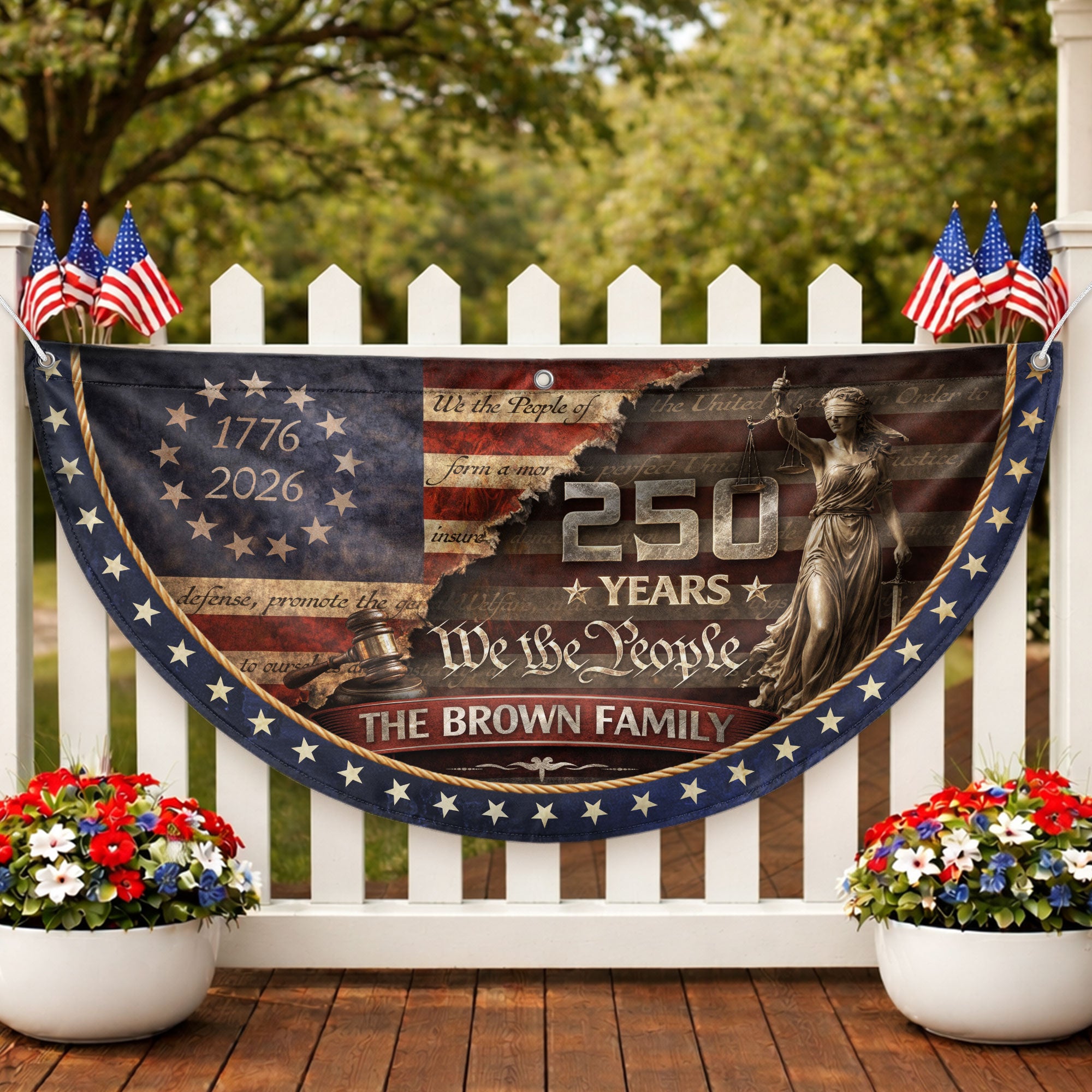 Lady Justice Fence Flag Custom Family Name 250 Years Freedom 1776-2026 Patriotic Decor