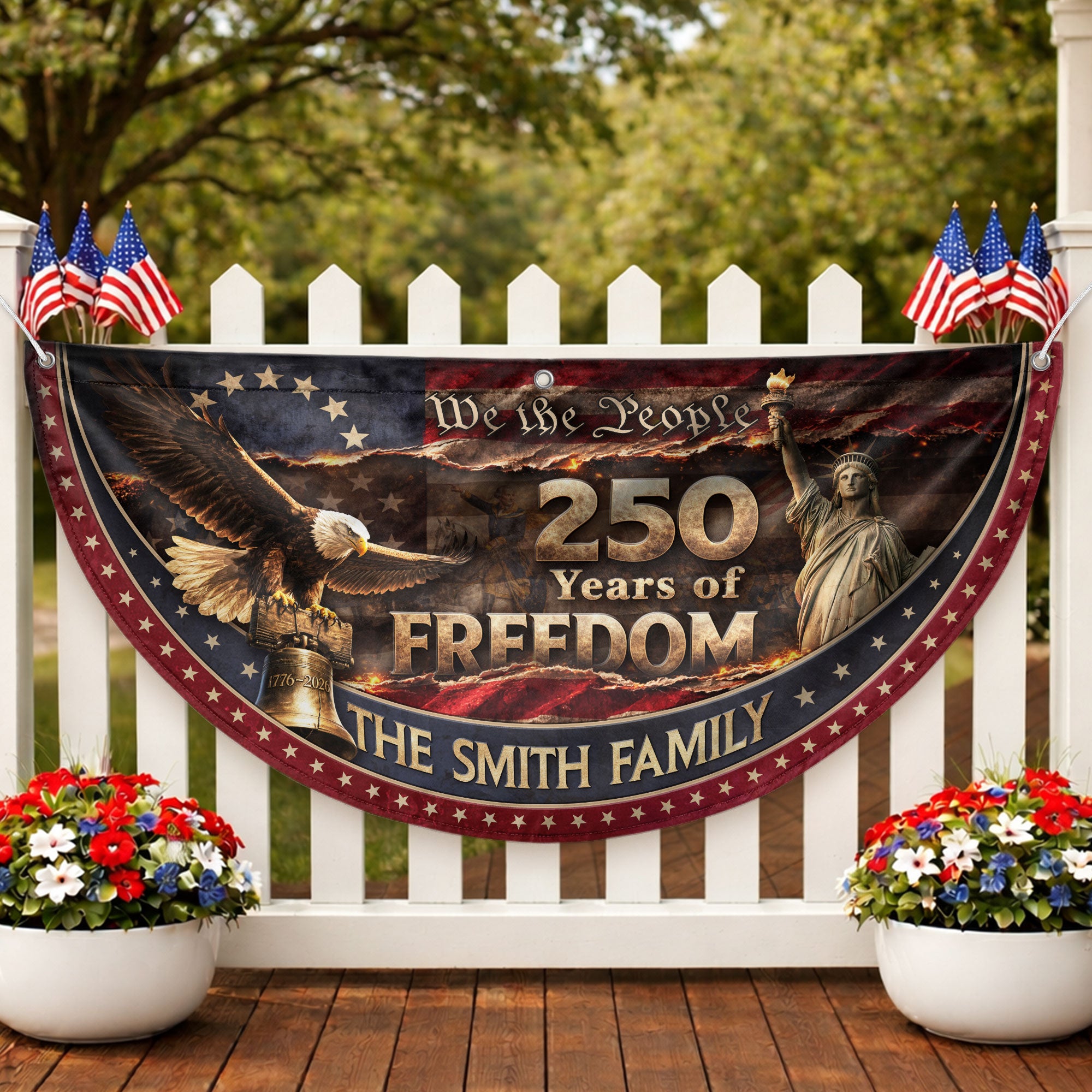 Liberty Bell & Statue of Liberty Fence Flag Custom Name 250 Years Freedom 1776-2026