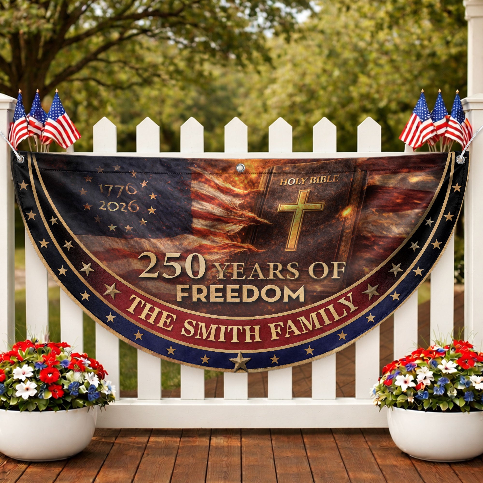 250 Christ Years Freedom Flag Fence Flag Custom Family Name 250 Years Christian Flag American Flag with Cross 250th Anniversary Design