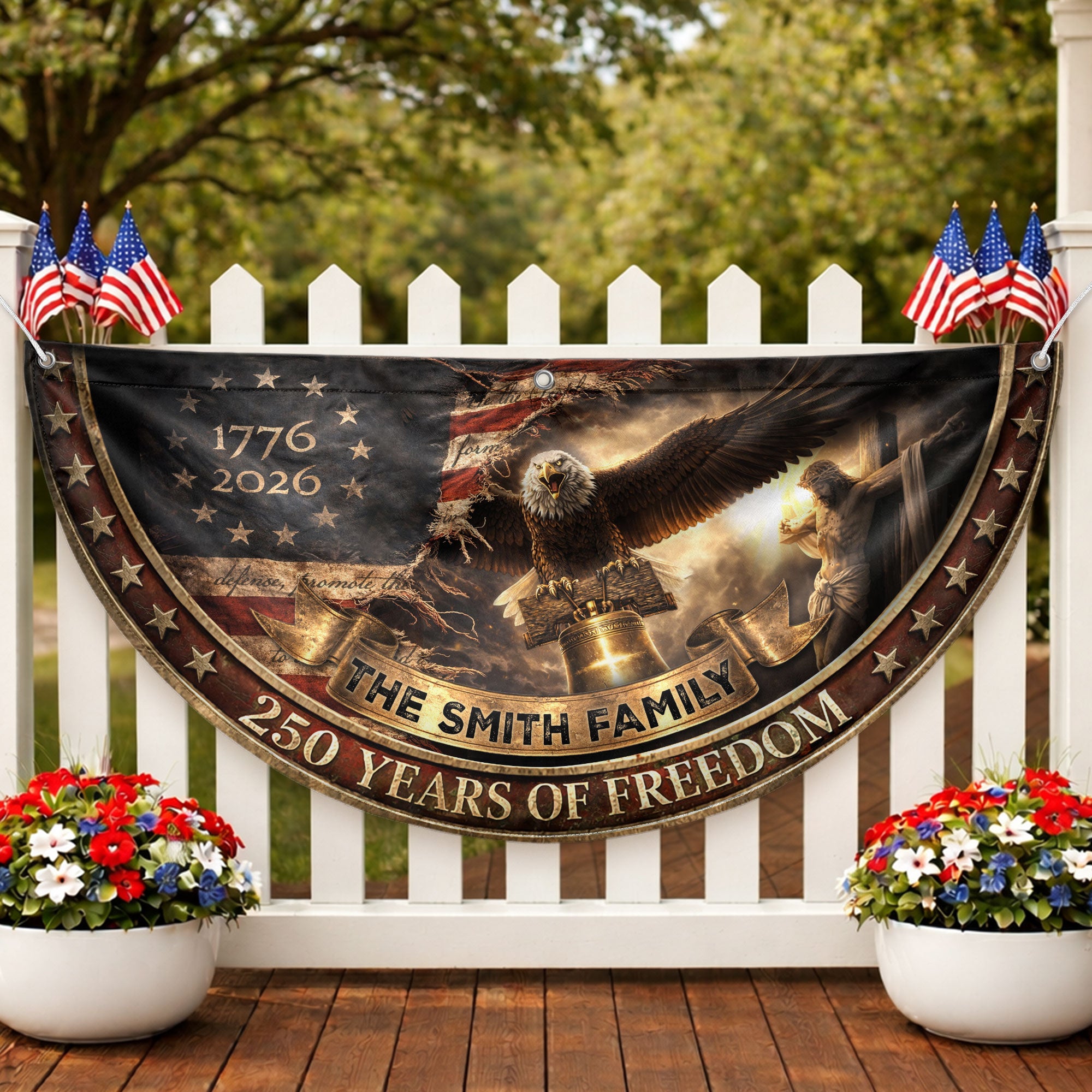 250 Years of Freedom Flag Fence Flag Custom Family Name American Flag with Cross Christian 250th Anniversary Patriotic Banner Gift