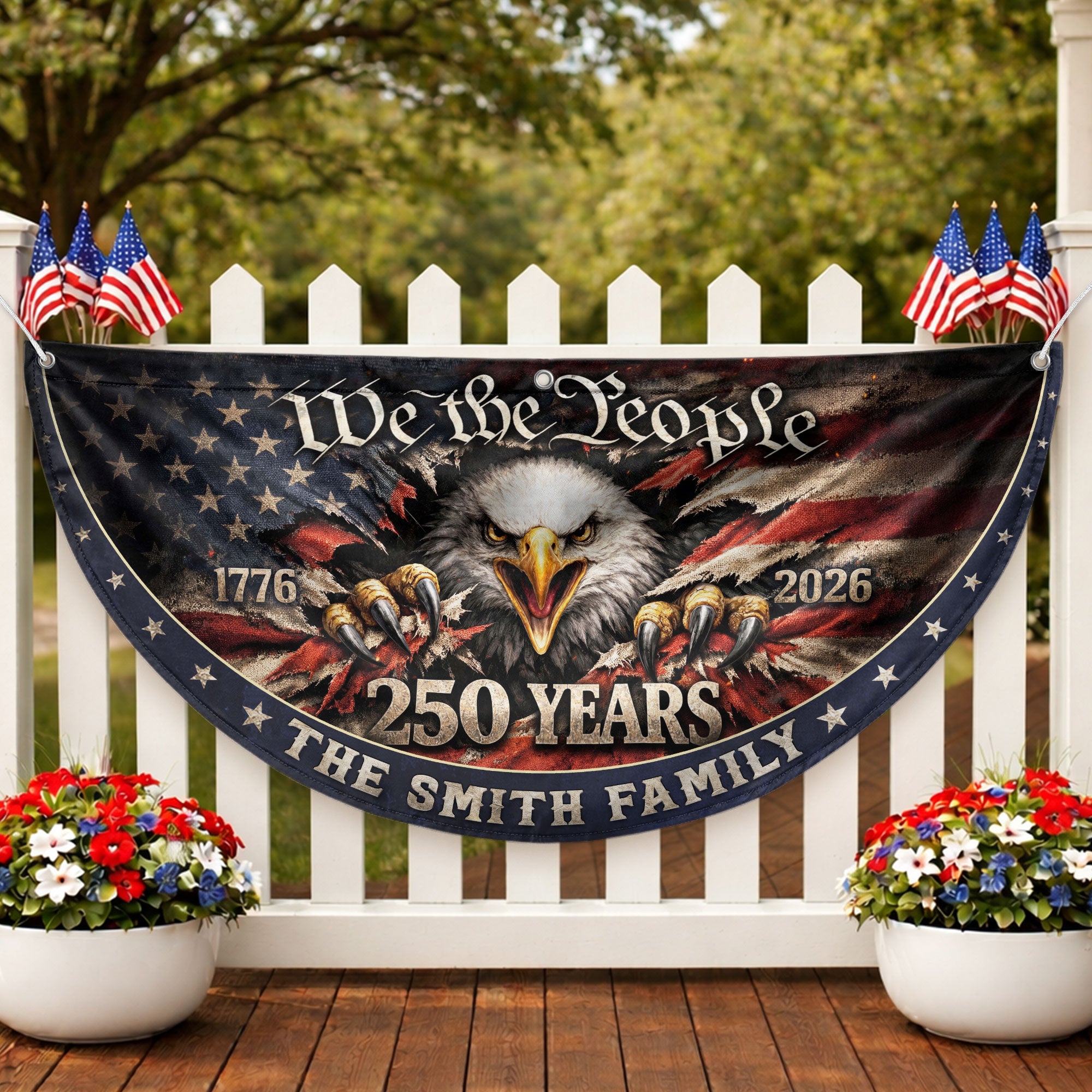 American Eagle Fence Flag Custom Family Name 250 Years Freedom 1776-2026 Patriotic Yard Decor