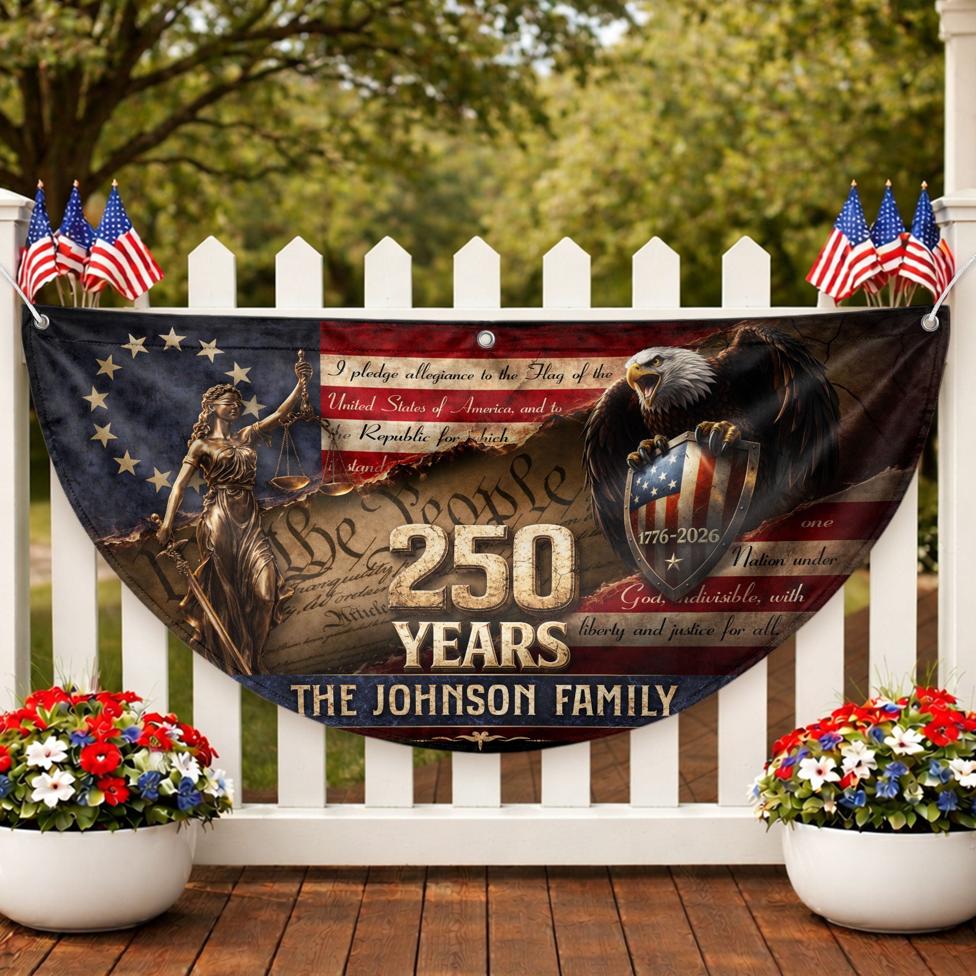 Lady Justice Constitution Fence Flag Custom Family Name 250 Years Freedom 1776-2026 Patriotic Yard Decor