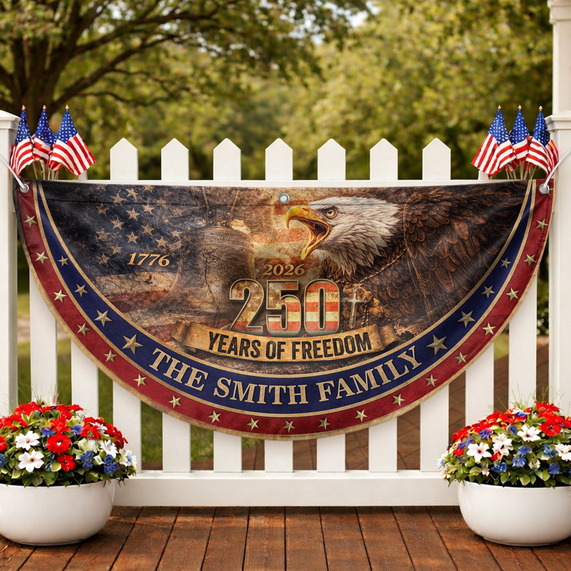 Patriotic Eagle Liberty Bell Fence Flag Custom Family Name 250 Years Freedom 1776-2026 Yard Decor