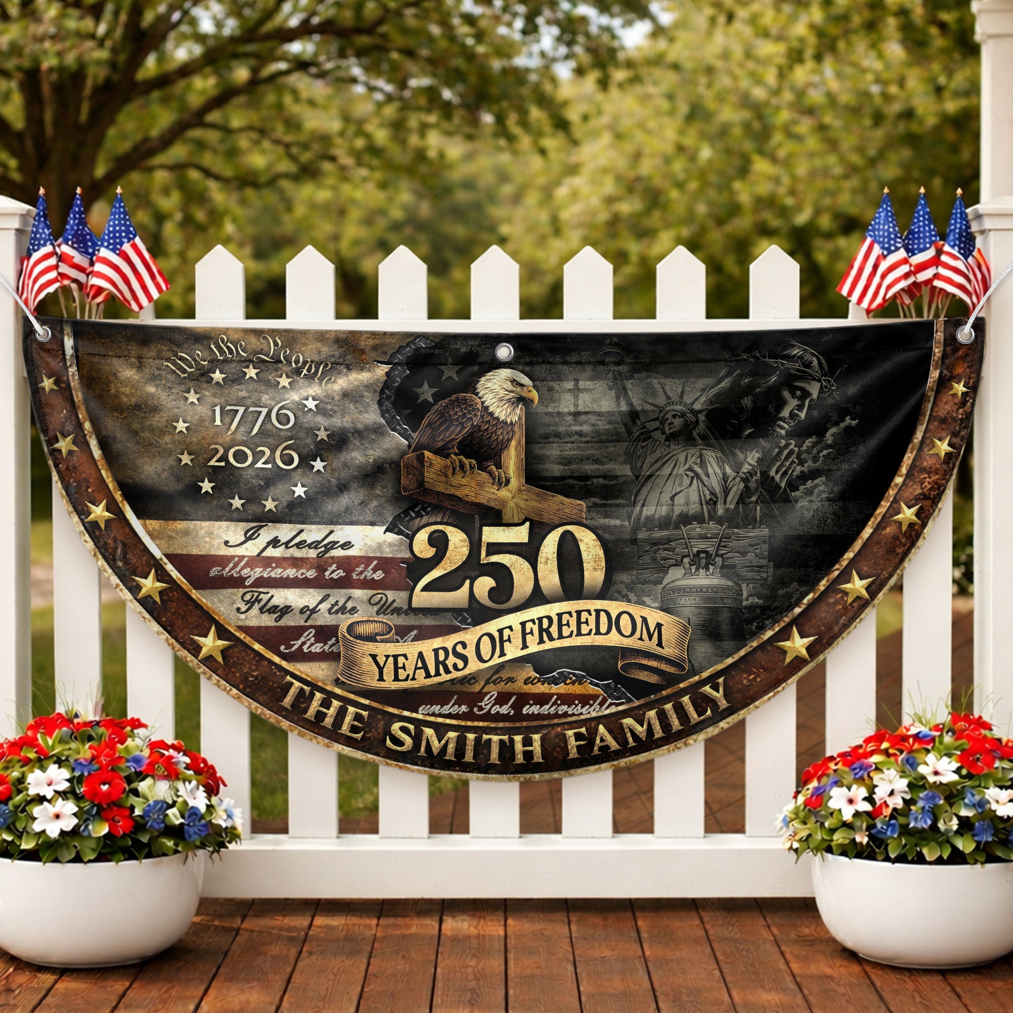 Faith Eagle Cross Fence Flag Custom Family Name 250 Years Freedom 1776-2026 Patriotic Decor