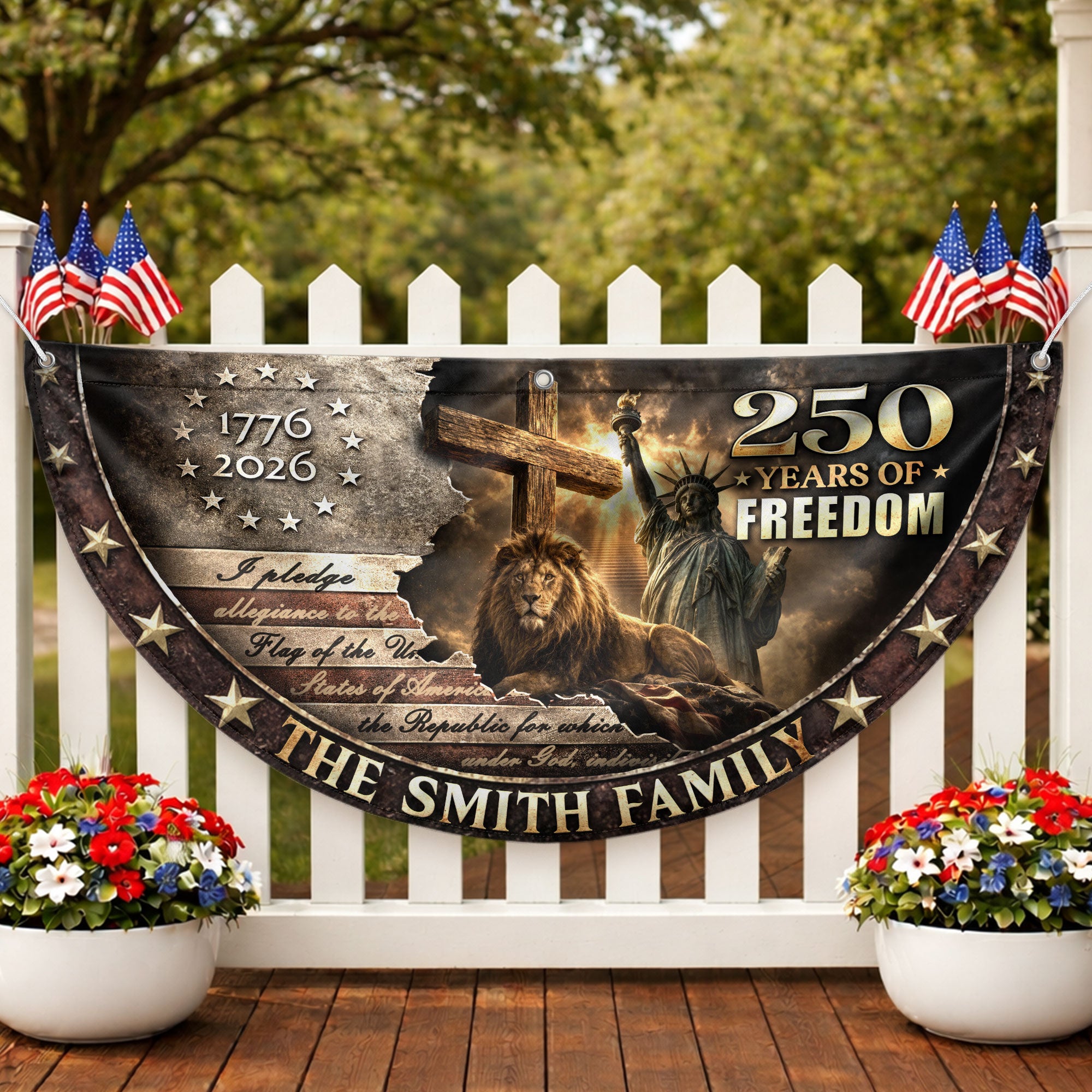 Christian Lion Cross Fence Flag Custom Family Name 250 Years Freedom 1776-2026 Patriotic Decor