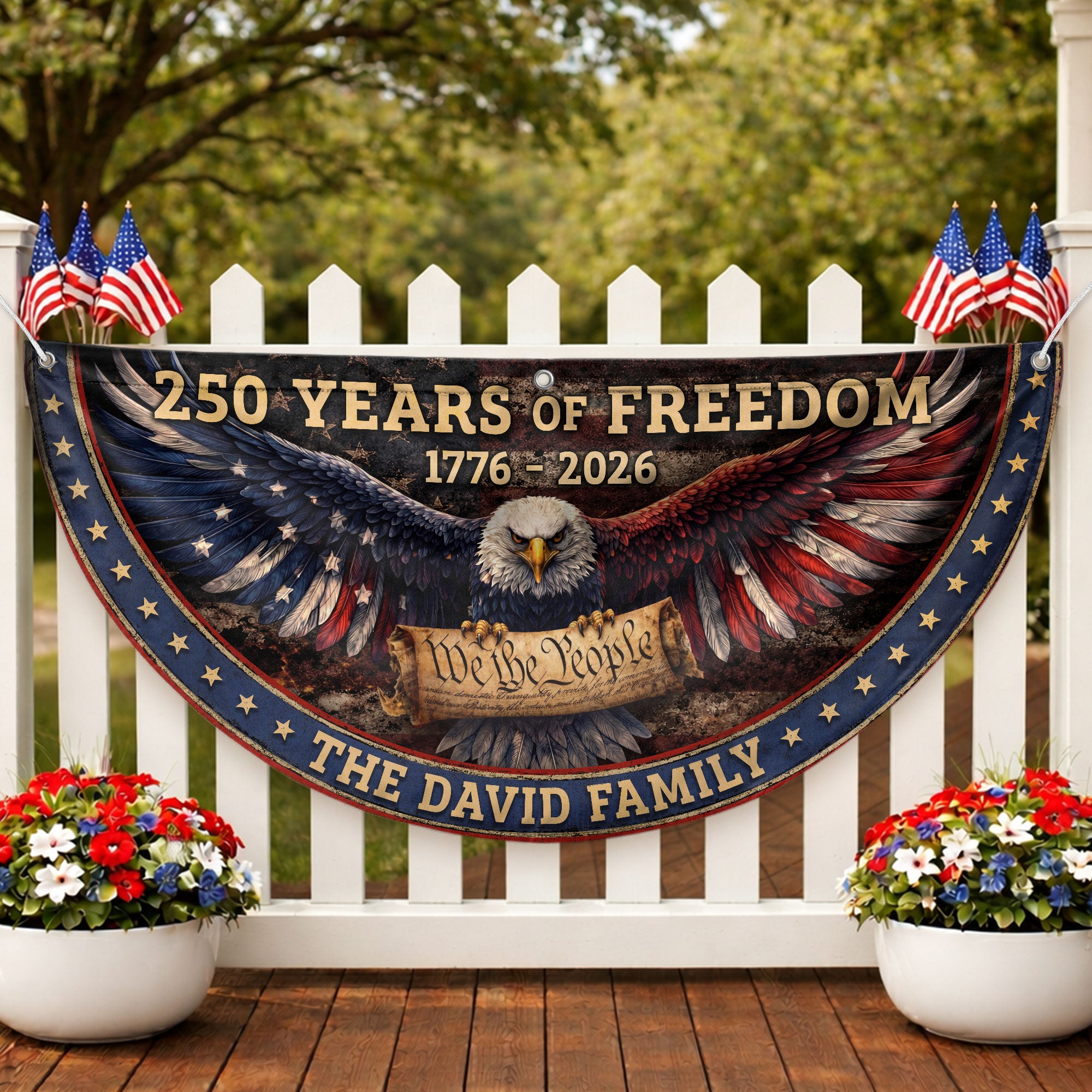 We The People Eagle Fence Flag Personalized Family Name 250 Years of Freedom 1776-2026 Patriotic Decor
