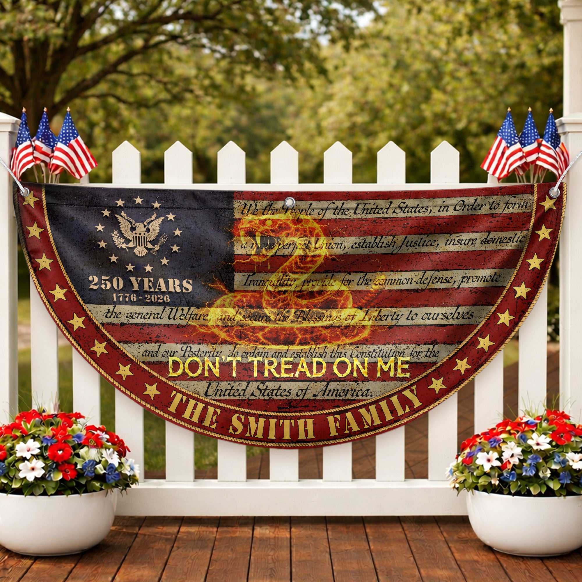 Dont Tread On Me Snake Fence Flag Custom Family Name 250 Years Freedom 1776-2026 Patriotic Yard Decor