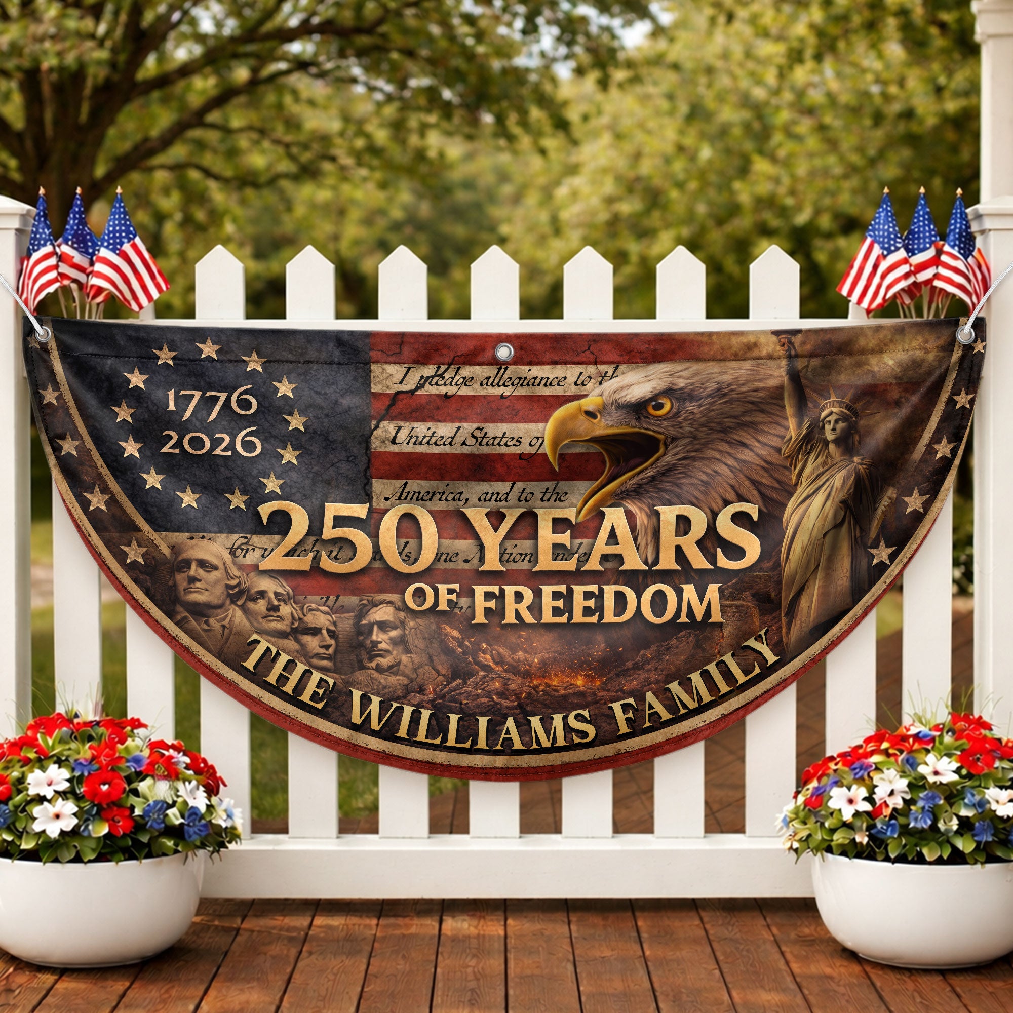 Mount Rushmore Eagle Fence Flag Custom Family Name 250 Years Freedom 1776-2026 Patriotic Yard Decor