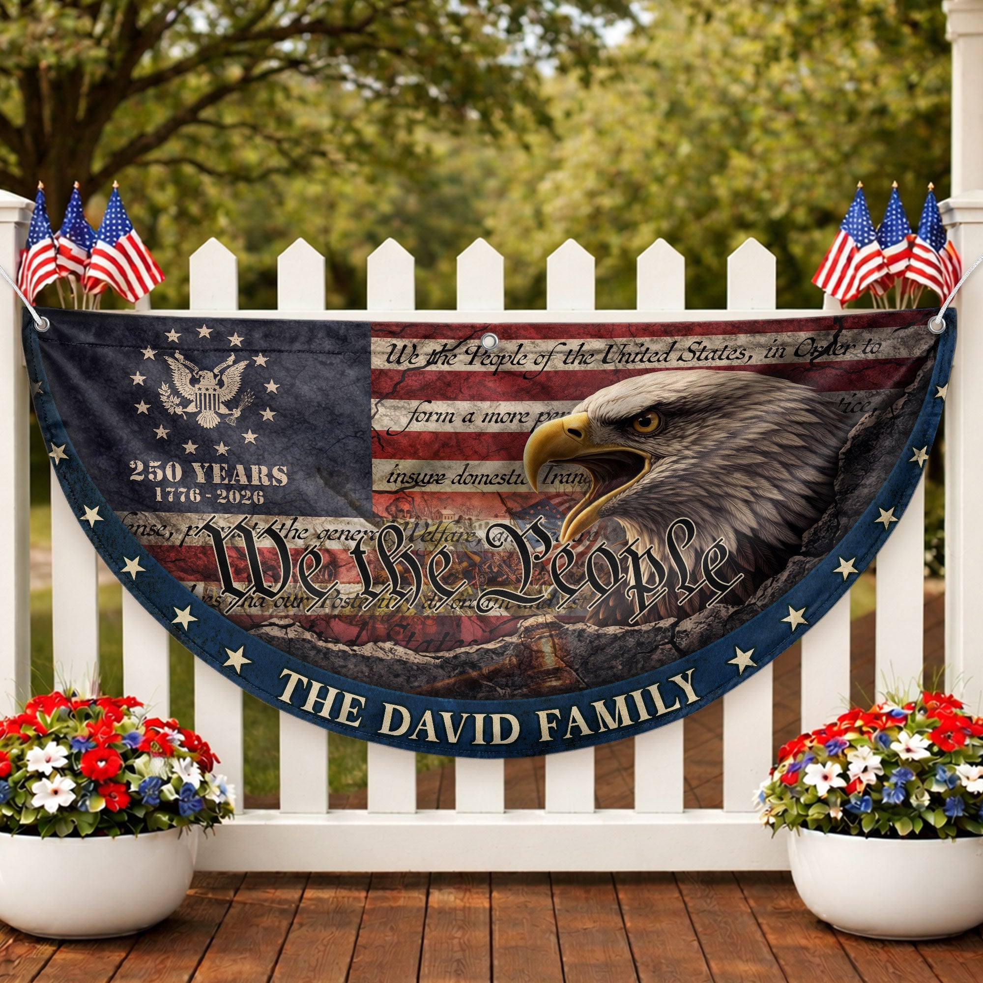 We The People Eagle Head Fence Flag Custom Family Name 250 Years Freedom 1776-2026 Patriotic Yard Decor