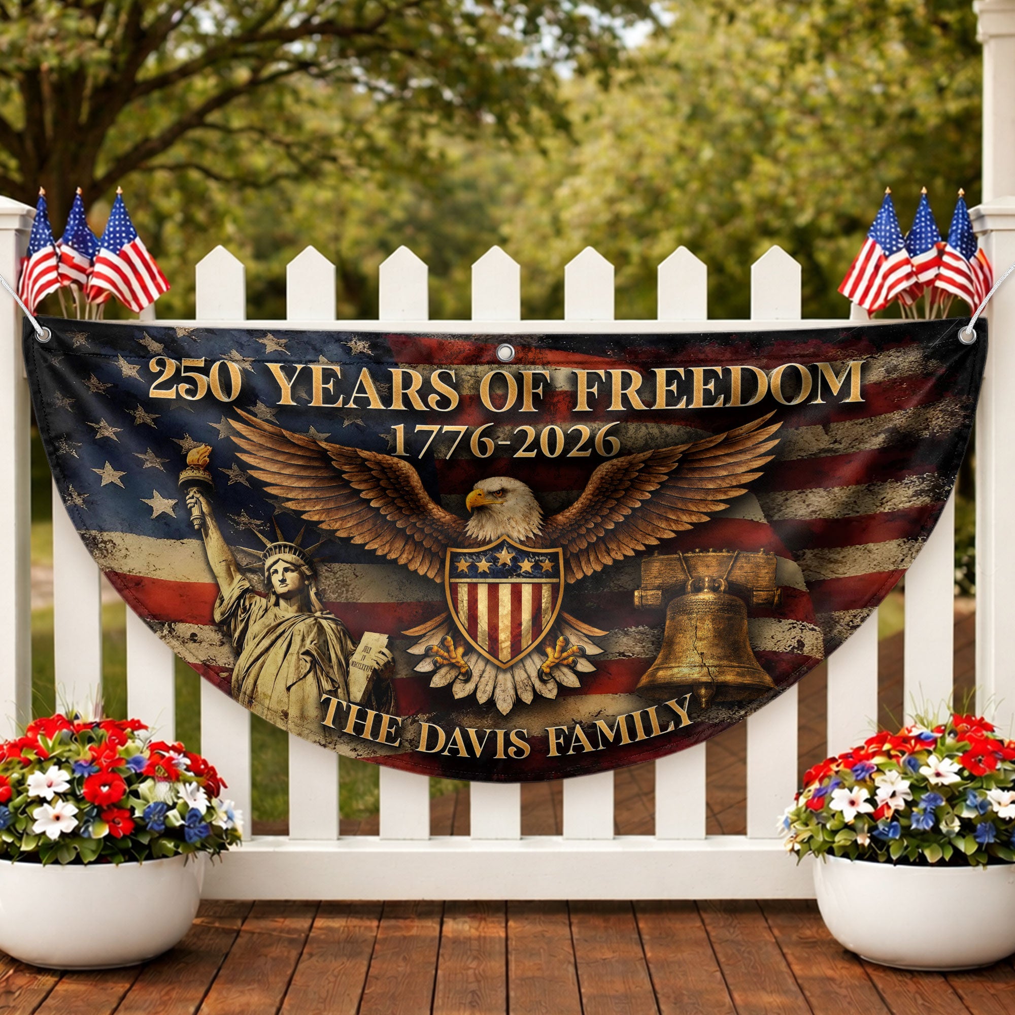 American Eagle Shield Fence Flag Custom Family Name 250 Years of Freedom 1776-2026 Patriotic Yard Decor