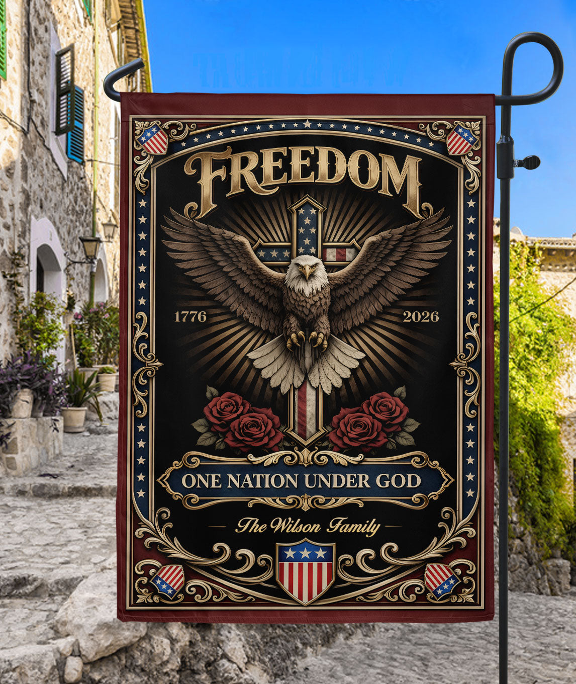 Custom Family Name Garden Flag 250 Years Patriotic Eagle Cross 1776–2026 Freedom Banner