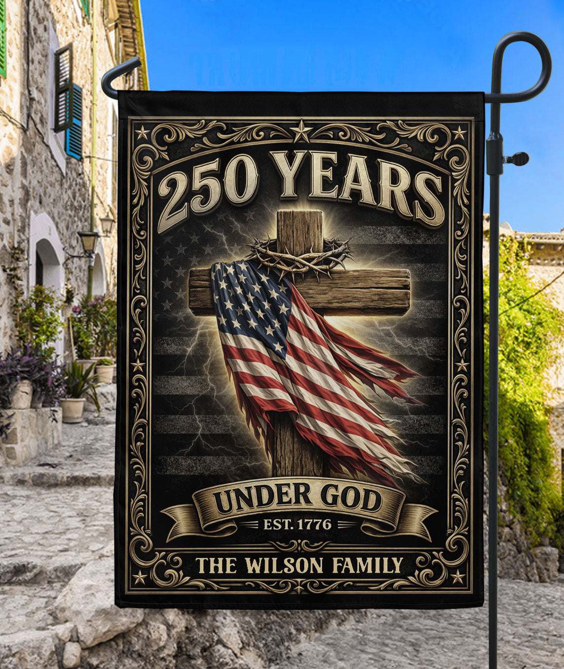 Personalized Family Name Garden Flag 250 Years Under God Cross Patriotic Outdoor Decor