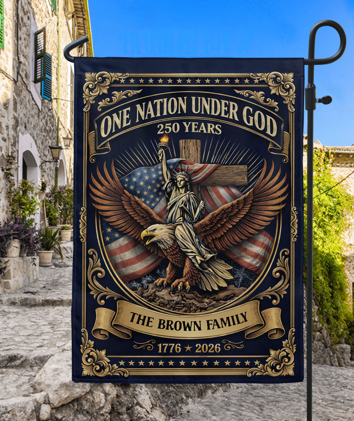 Custom Family Name Garden Flag 250 Years One Nation Under God 1776-2026 Patriotic Decor