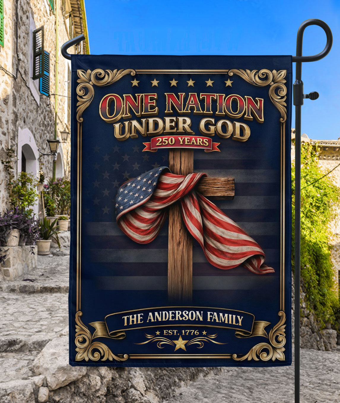 Custom Family Name Garden Flag One Nation Under God 250 Years Patriotic Cross Decor