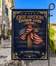 Custom Family Name Garden Flag One Nation Under God 250 Years Patriotic Cross Decor
