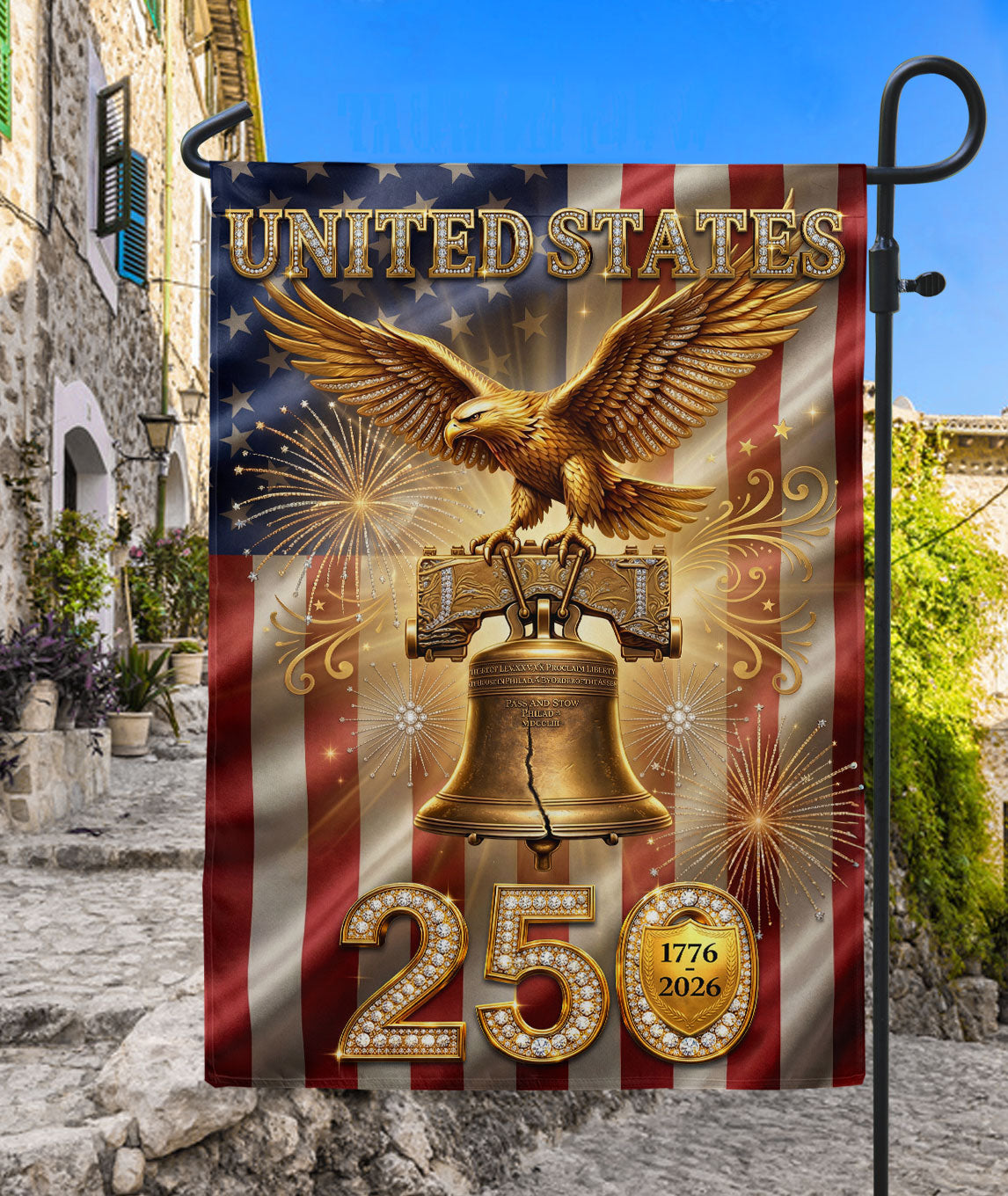 250 Years Garden Flag American Eagle Liberty Bell Fireworks Patriotic Decor 1776-2026