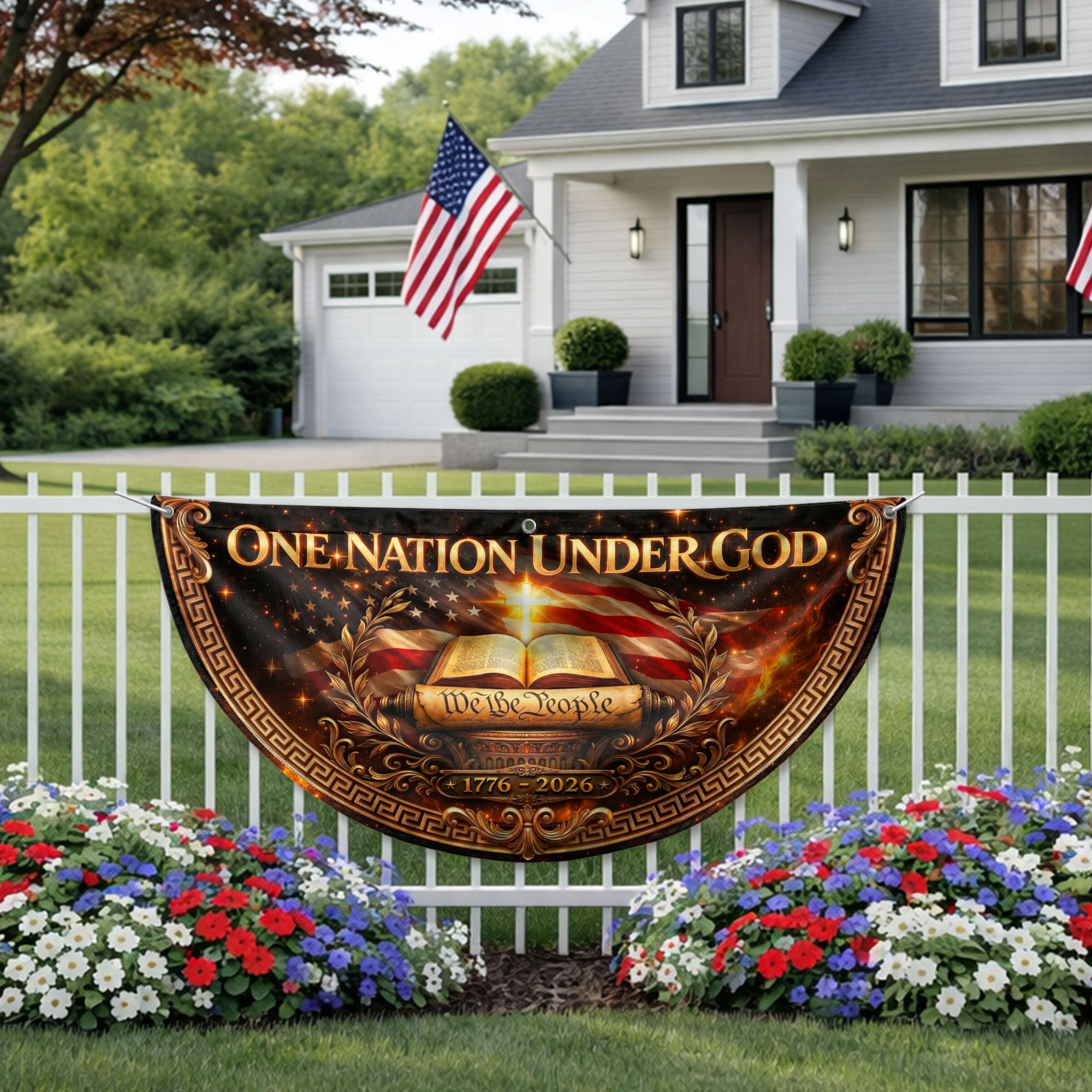 United States 250 Years Fence Flag One Nation Under God 1776-2026 Patriotic Bible Decor