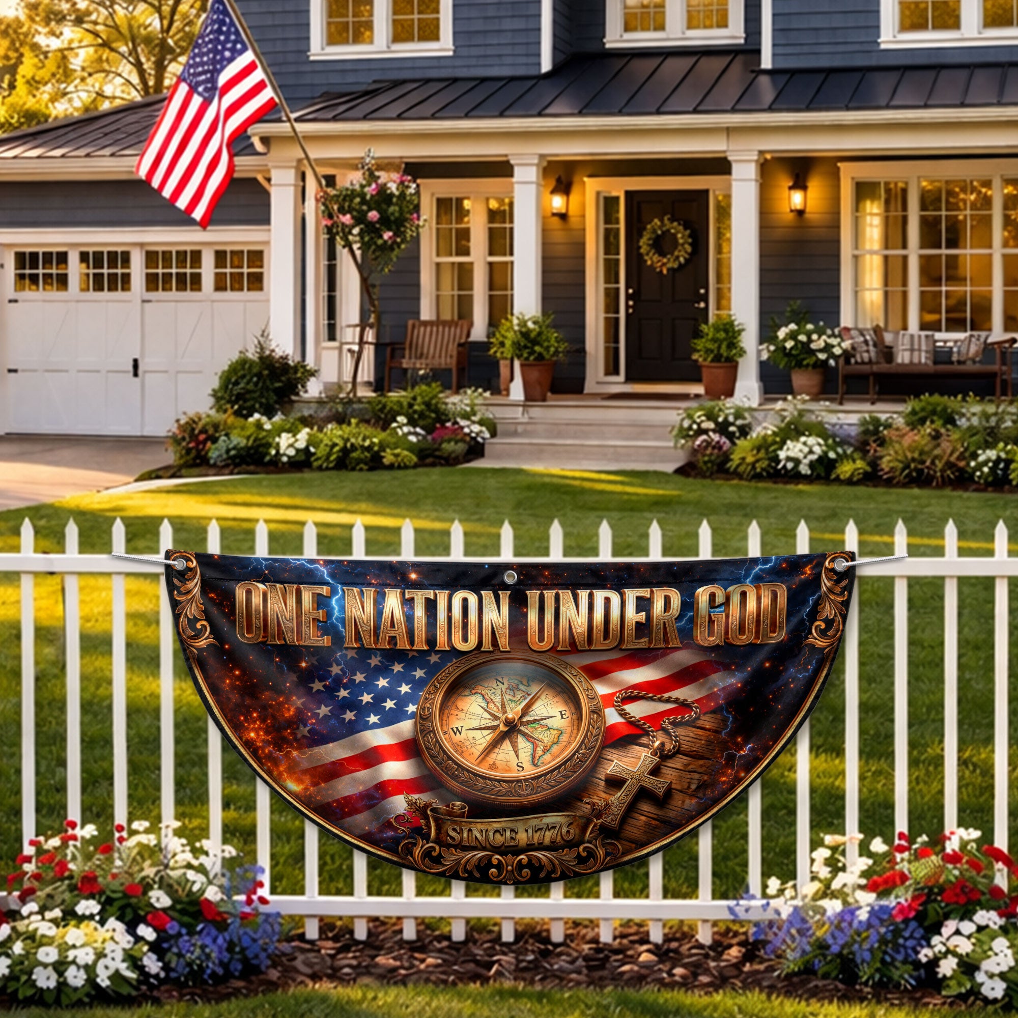 250 Years United States Fence Flag 1776-2026 Patriotic Compass Cross Outdoor Decoration