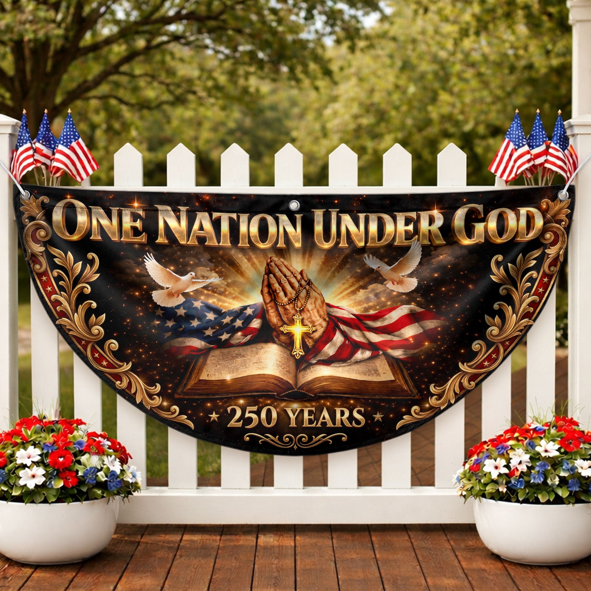 250 Years United States Fence Flag One Nation Under God 1776-2026 Patriotic Bible Banner