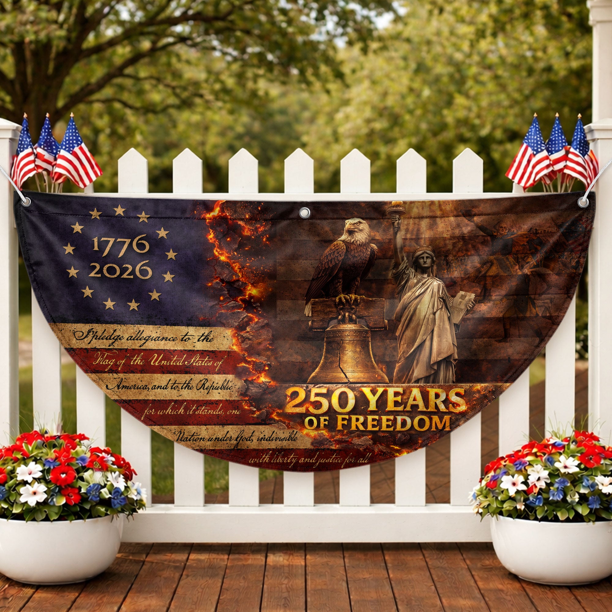 250 Years of Freedom Fence Flag 1776 to 2026 Patriotic Eagle Liberty Bell Statue Outdoor Yard Decor