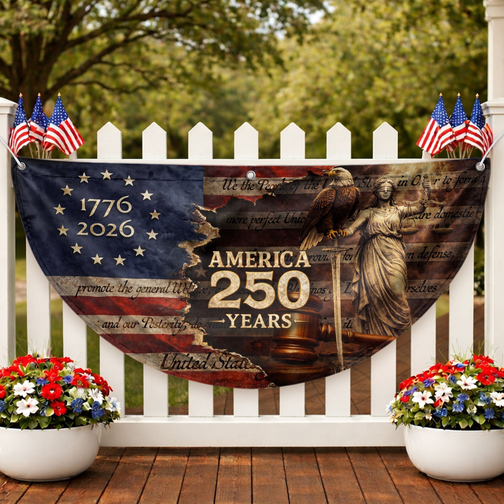 America 250 Years Fence Flag 1776 to 2026 Patriotic Eagle Lady Justice Outdoor Yard Decor