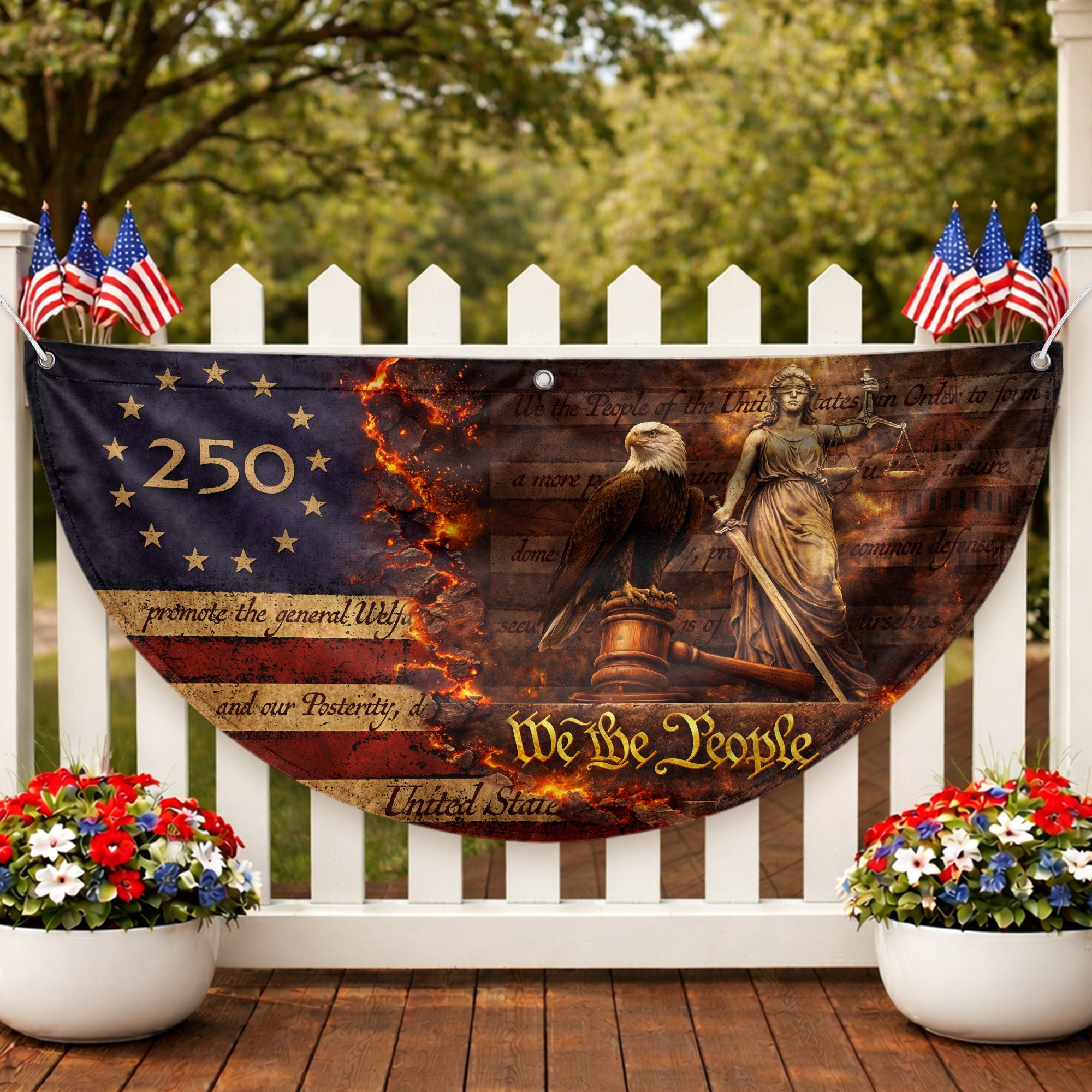 We The People 250 Fence Flag Patriotic Eagle Lady Justice 1776 to 2026 Outdoor Yard Decor