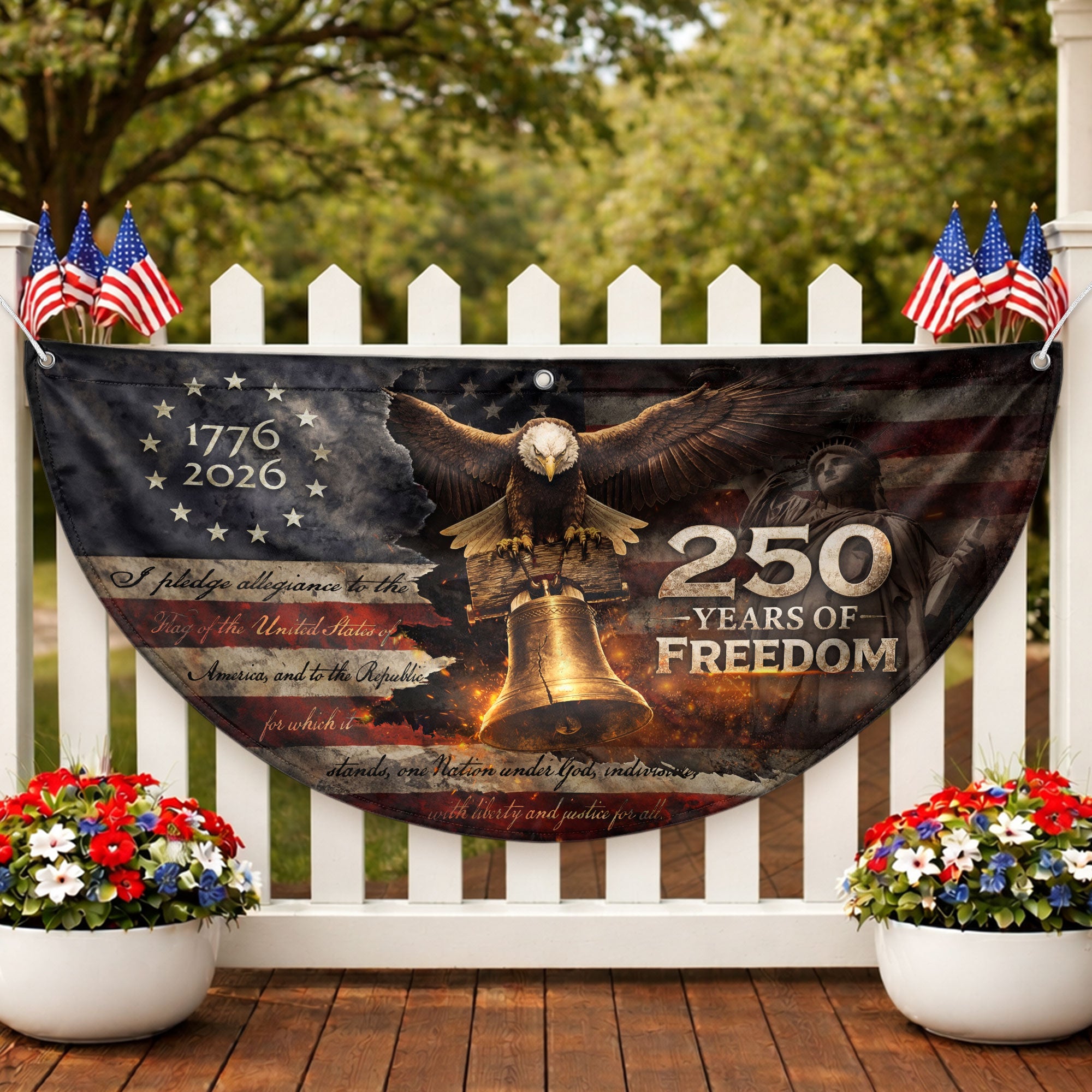 American 250 Year Fence Flag 1776 to 2026 Freedom Eagle Bell Patriotic Outdoor Decor