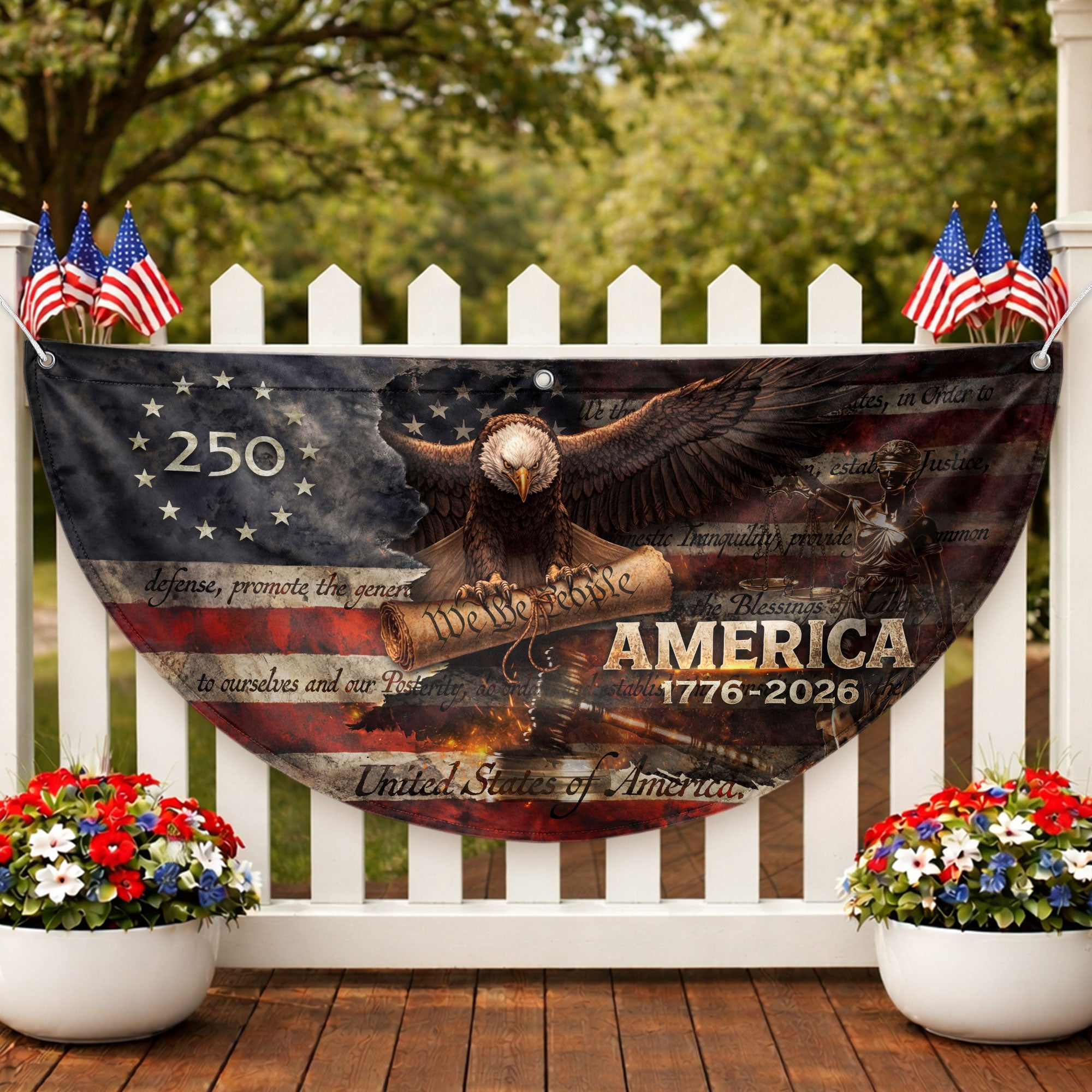 America 1776 to 2026 Fence Flag Patriotic Eagle We The People 250 Year Outdoor Decor