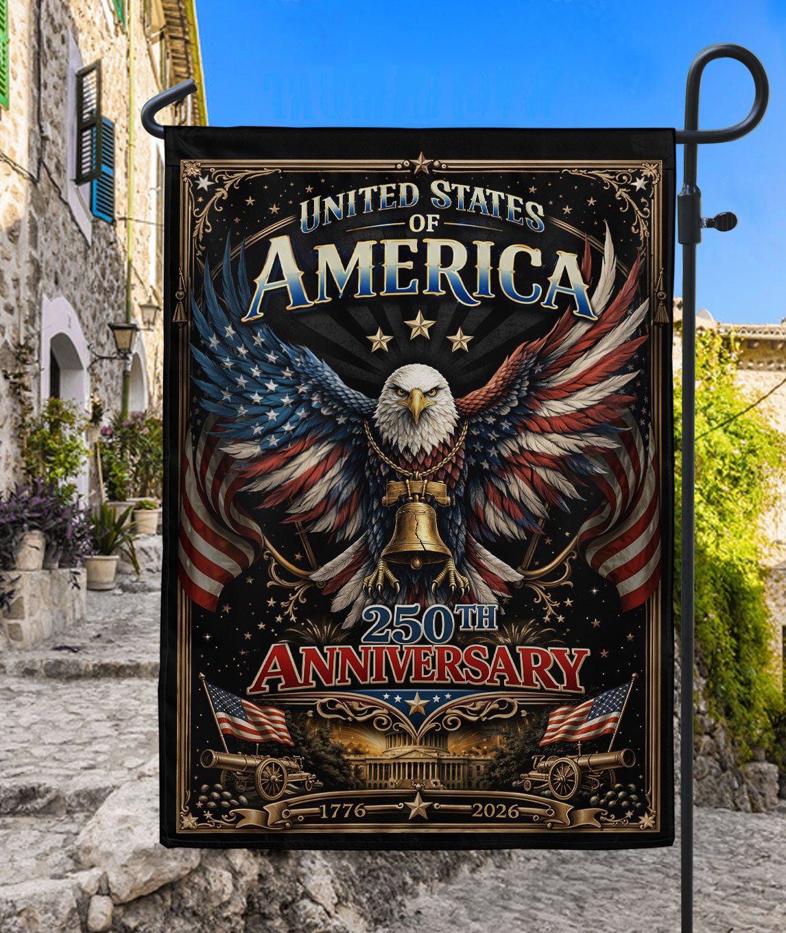 250th Anniversary United States Decorative House Flag - Eagle and Liberty Bell Design - Rust Field Wear