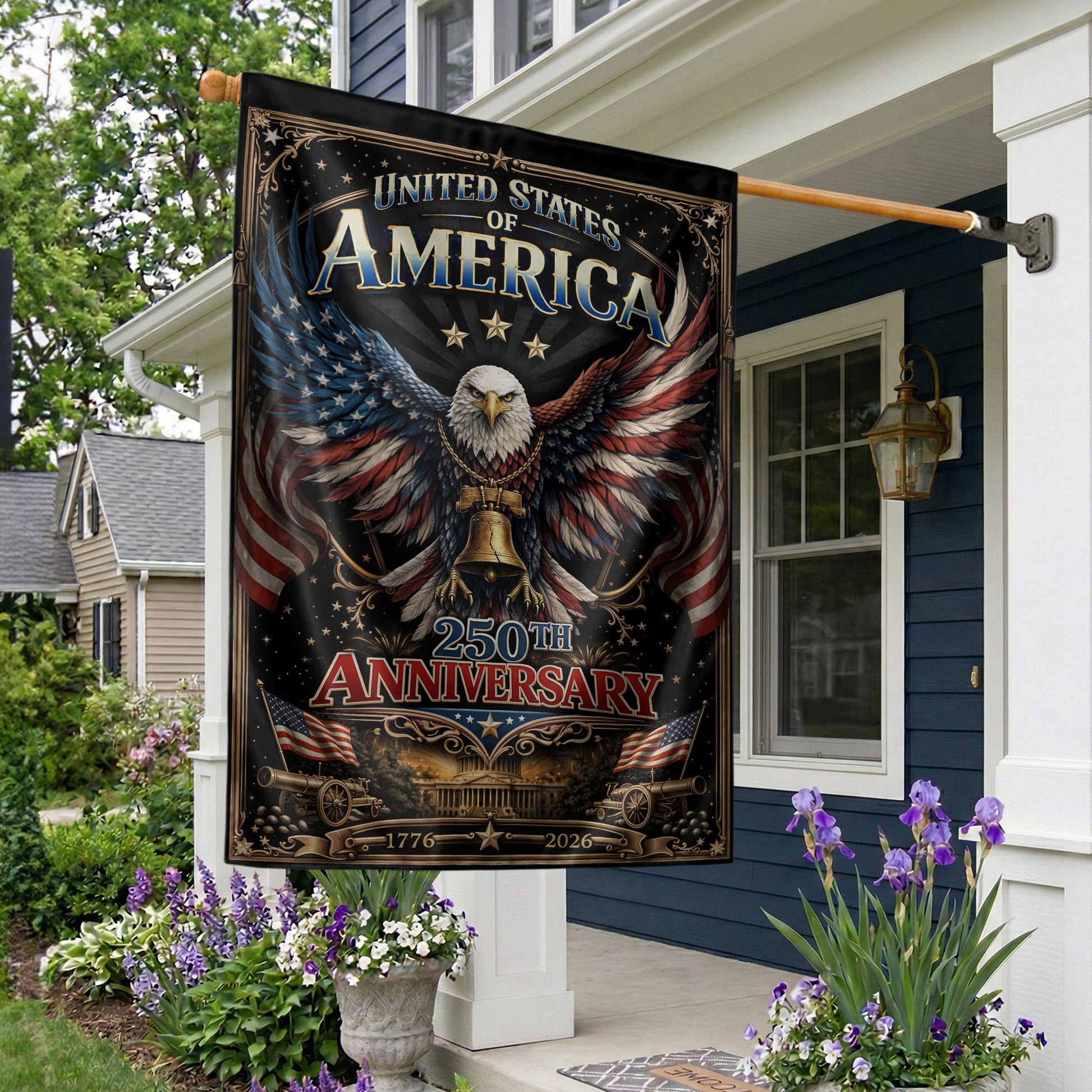 250th Anniversary United States Decorative House Flag - Eagle and Liberty Bell Design - Rust Field Wear
