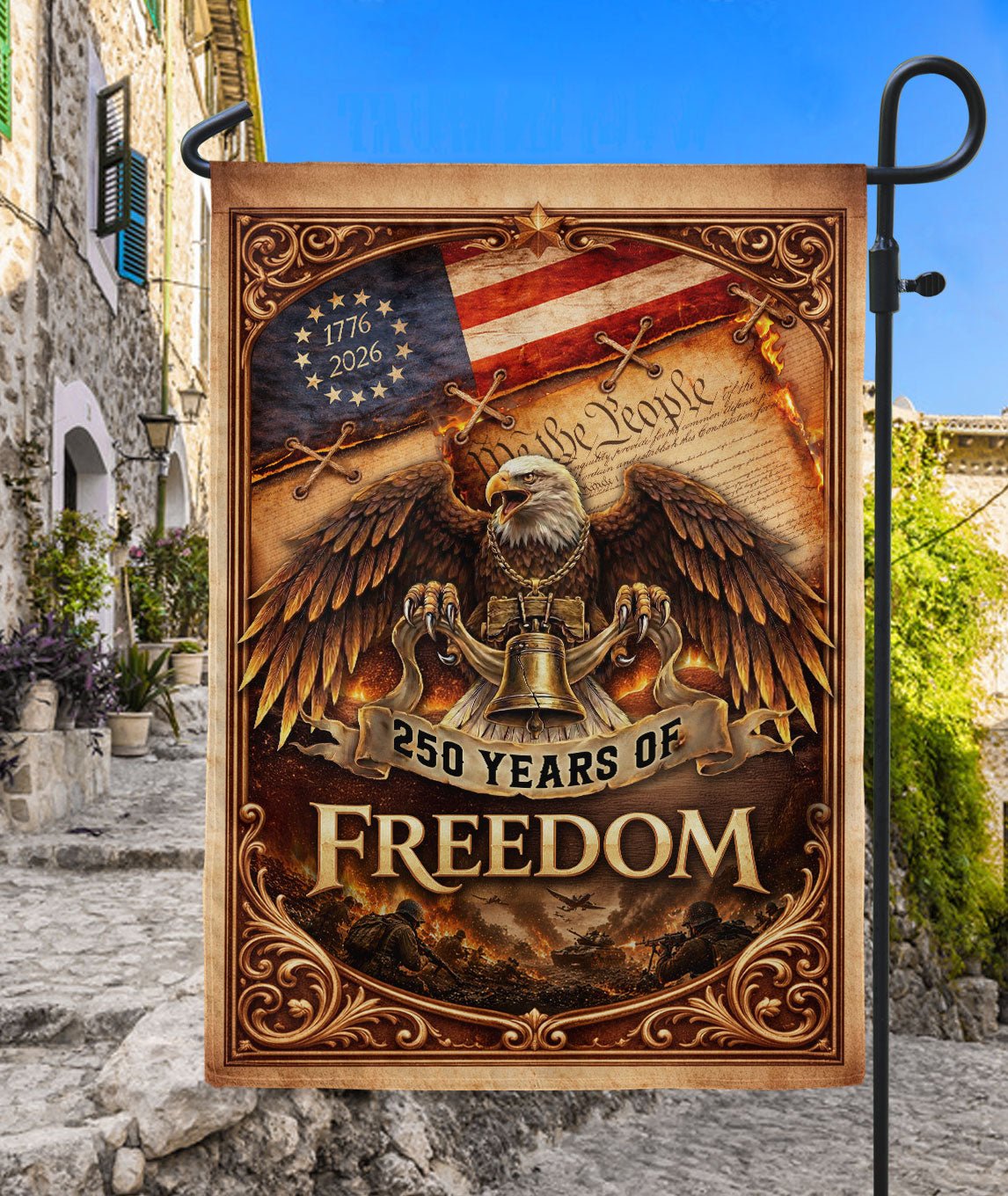 250th Anniversary House Flag 1776-2026 Eagle Freedom Patriotic Outdoor Banner - Rust Field Wear